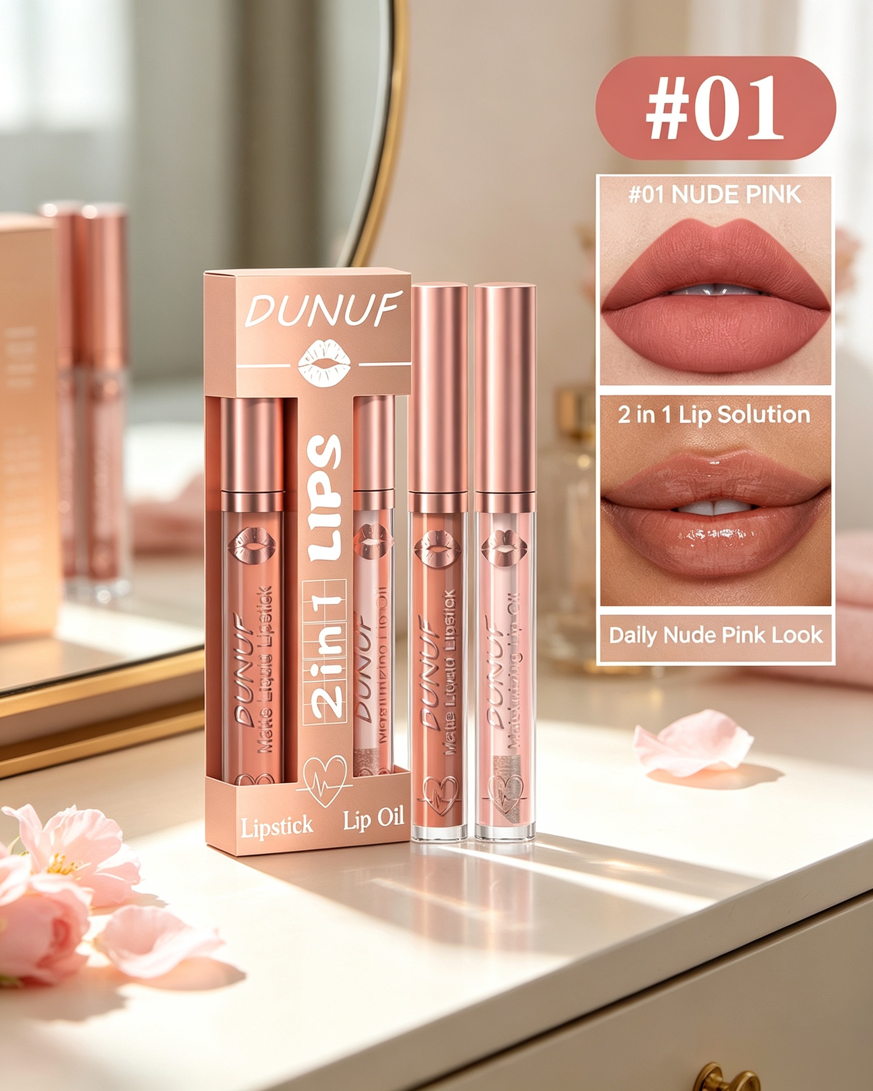 2-in-1 Nude Pink Matte Lipstick and Glossy Lip Oil