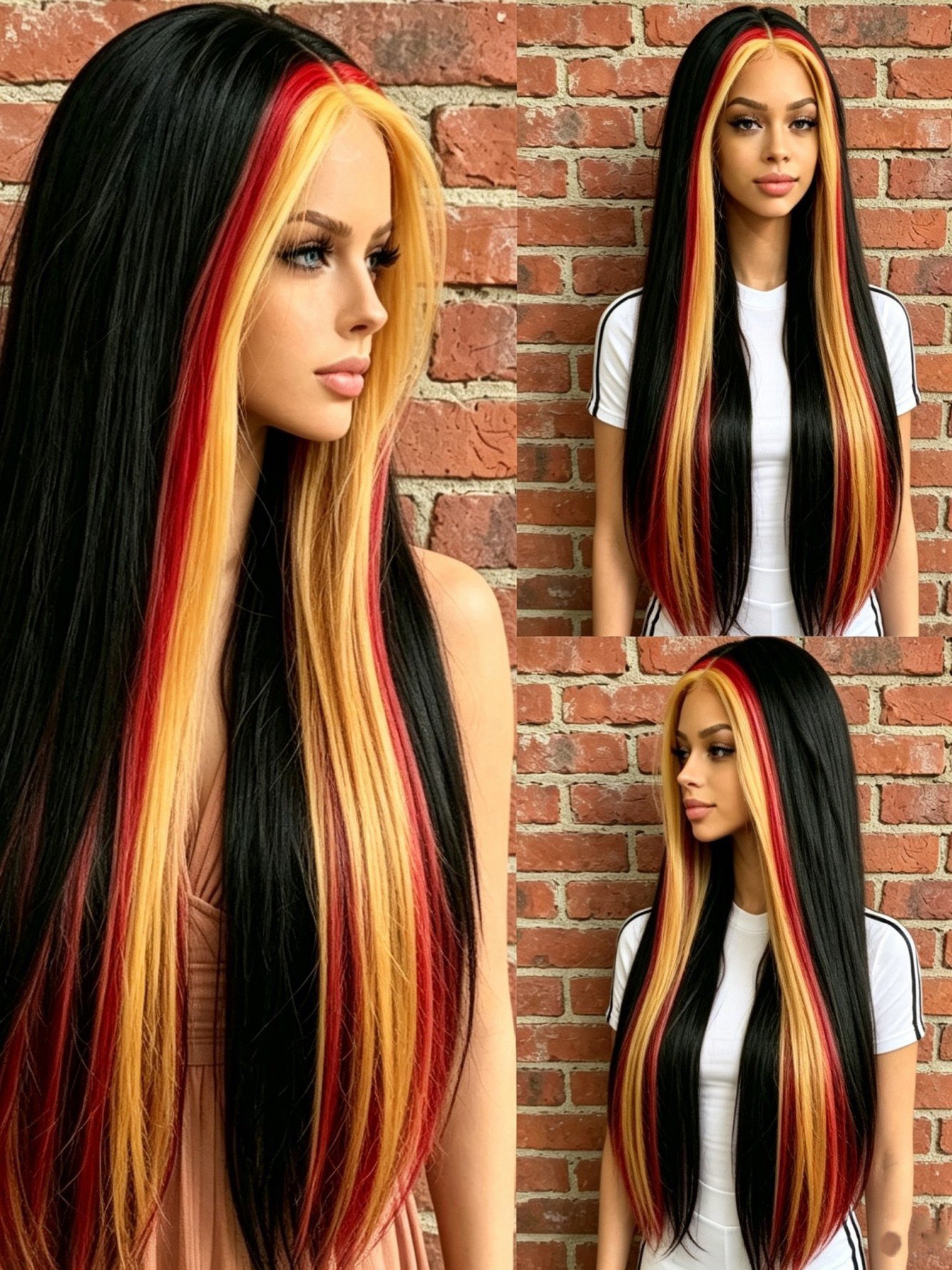 Multi Color Block Long Straight Wig
