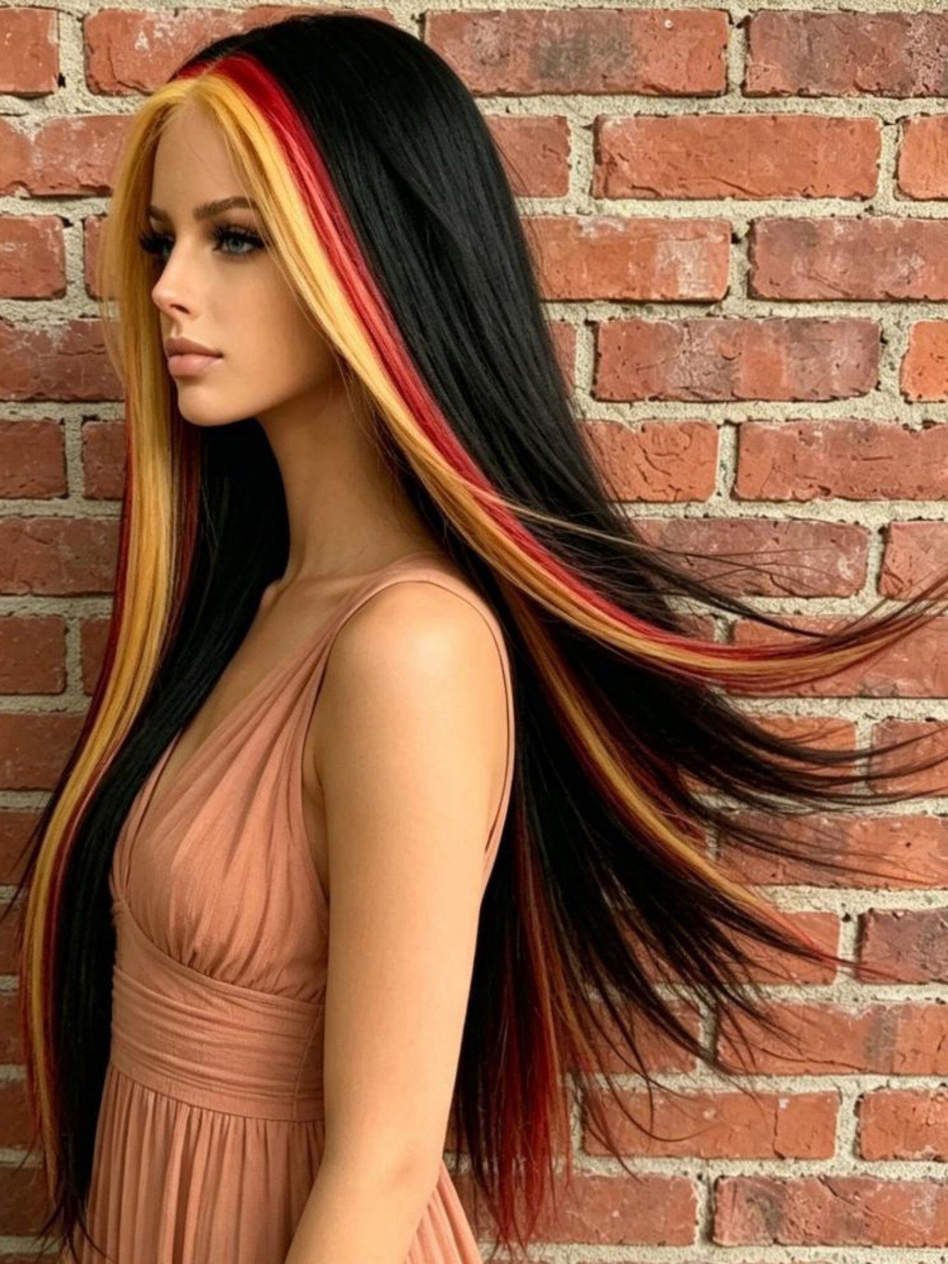 Multi Color Block Long Straight Wig