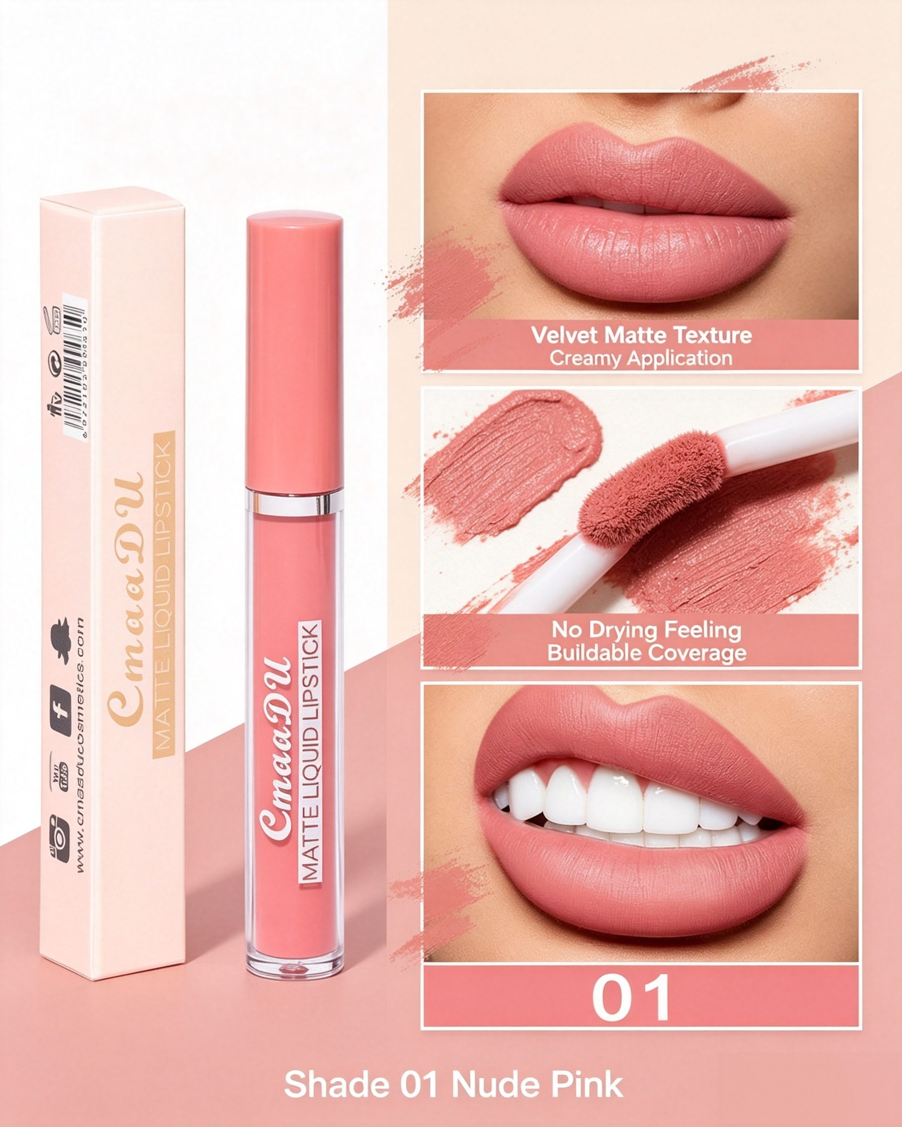 CmaaDU Matte Liquid Lipstick - Shade 01 Nude Pink