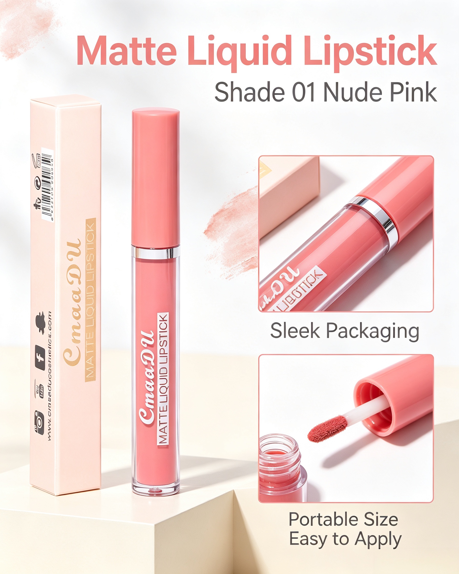 CmaaDU Matte Liquid Lipstick - Shade 01 Nude Pink