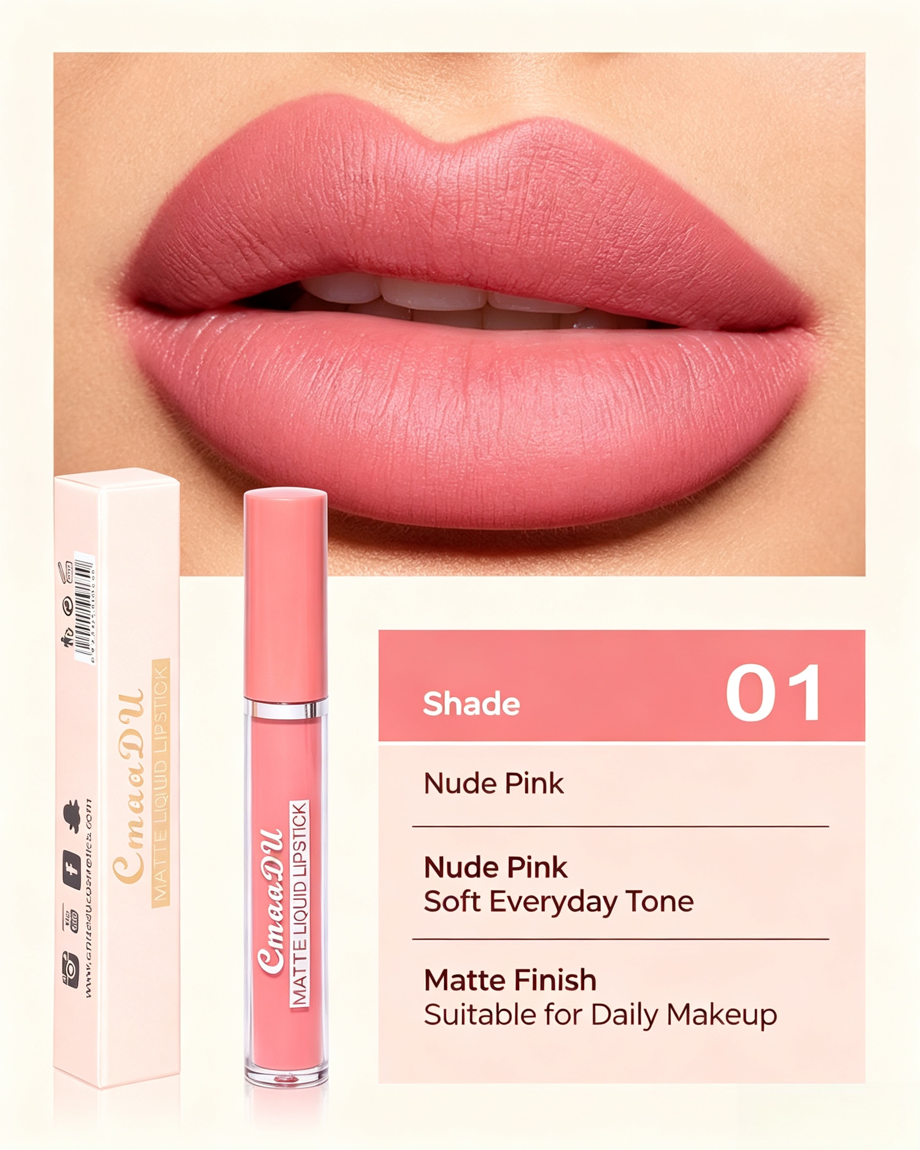 CmaaDU Matte Liquid Lipstick - Shade 01 Nude Pink