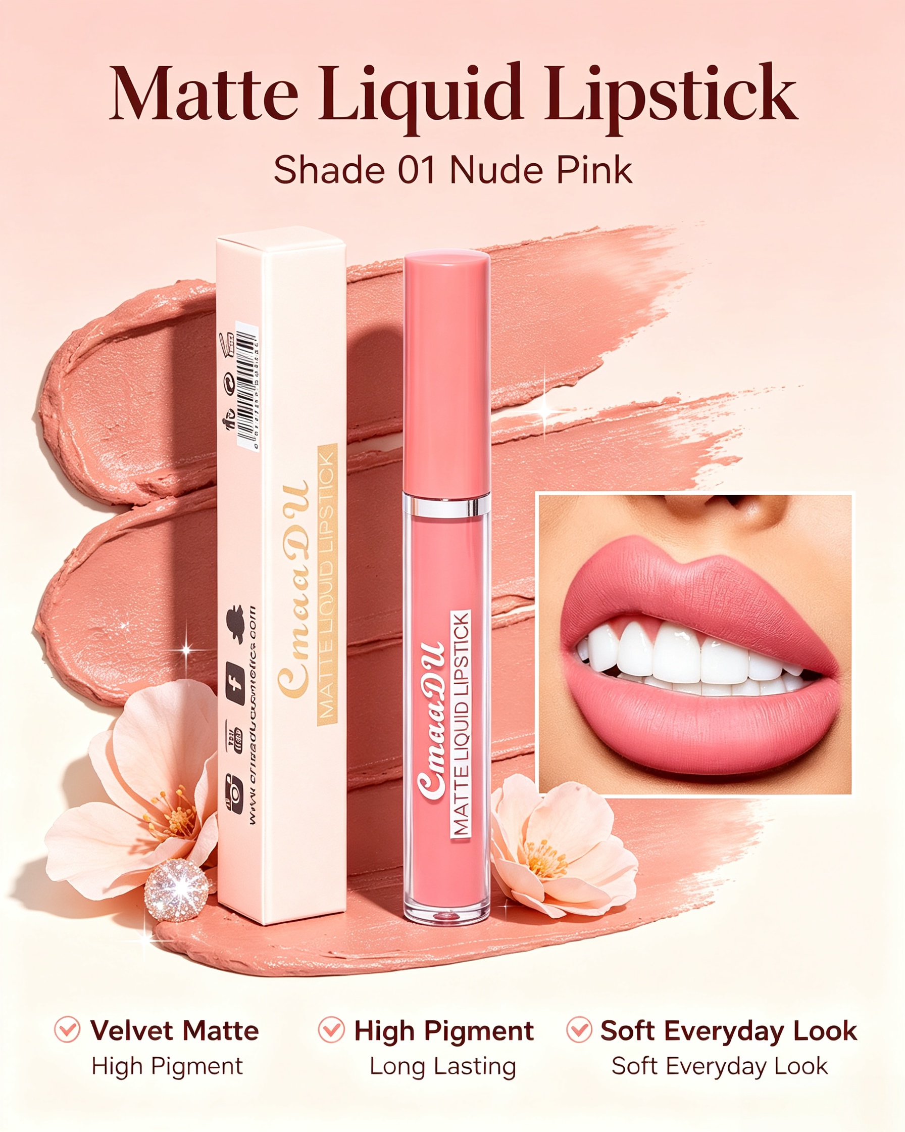 CmaaDU Matte Liquid Lipstick - Shade 01 Nude Pink