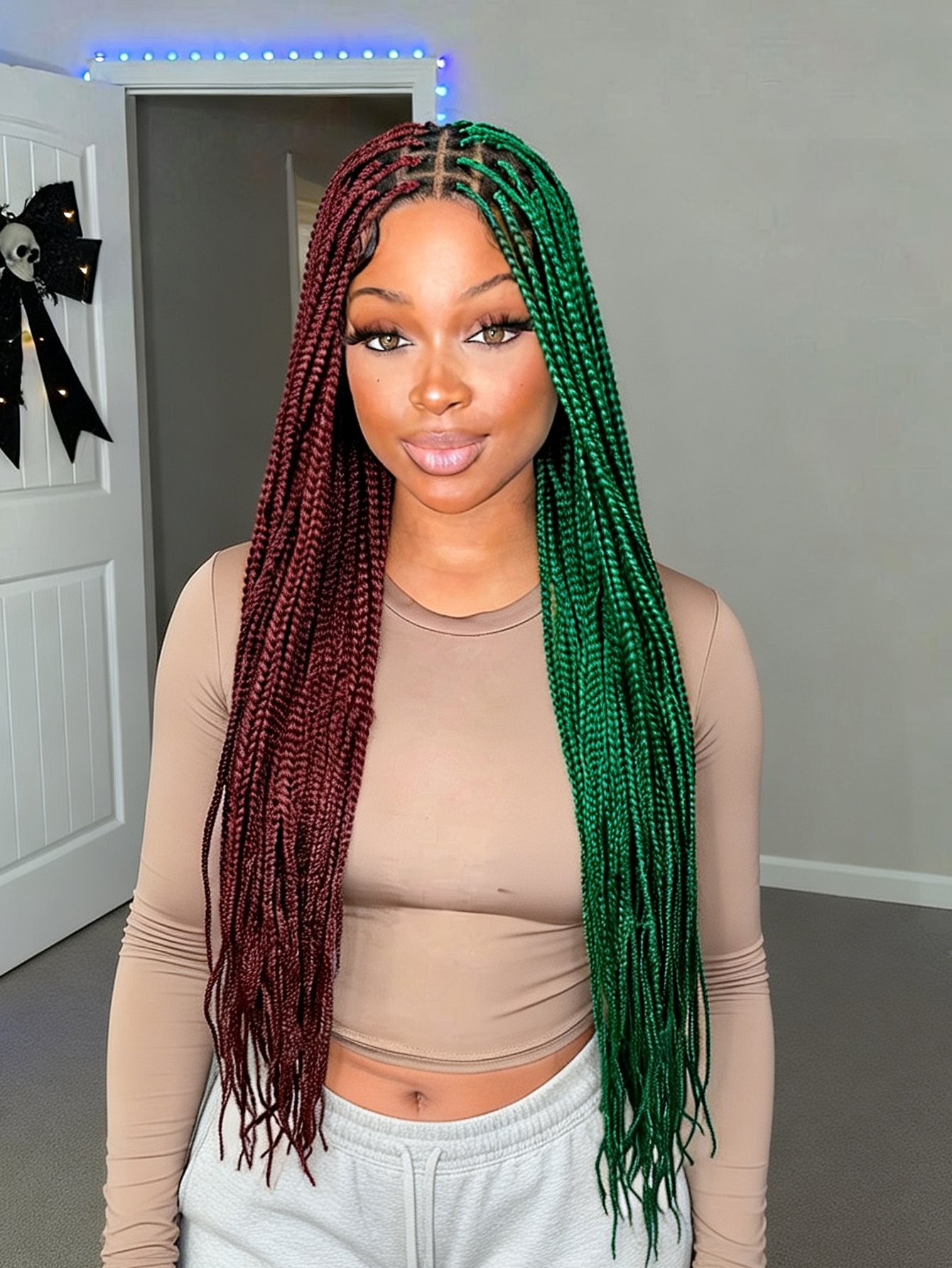 Two-Tone Box Braids Synthetic Lace Front Wig - Burgundy and Emerald Green