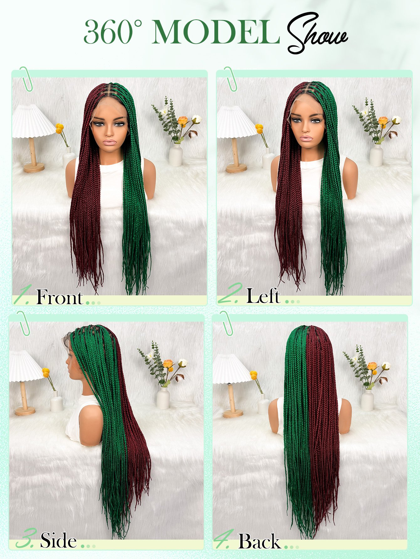 Two-Tone Box Braids Synthetic Lace Front Wig - Burgundy and Emerald Green