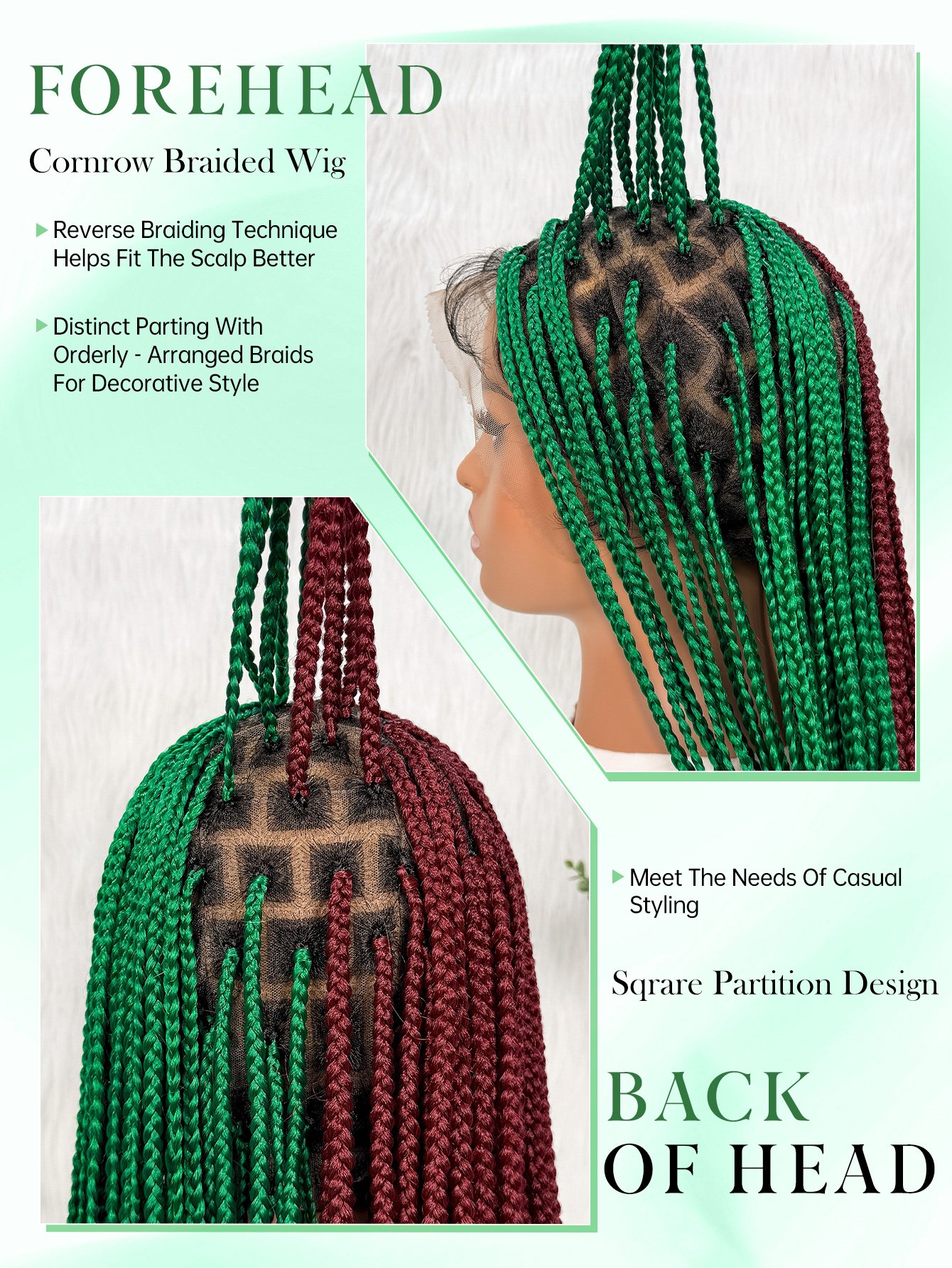 Two-Tone Box Braids Synthetic Lace Front Wig - Burgundy and Emerald Green