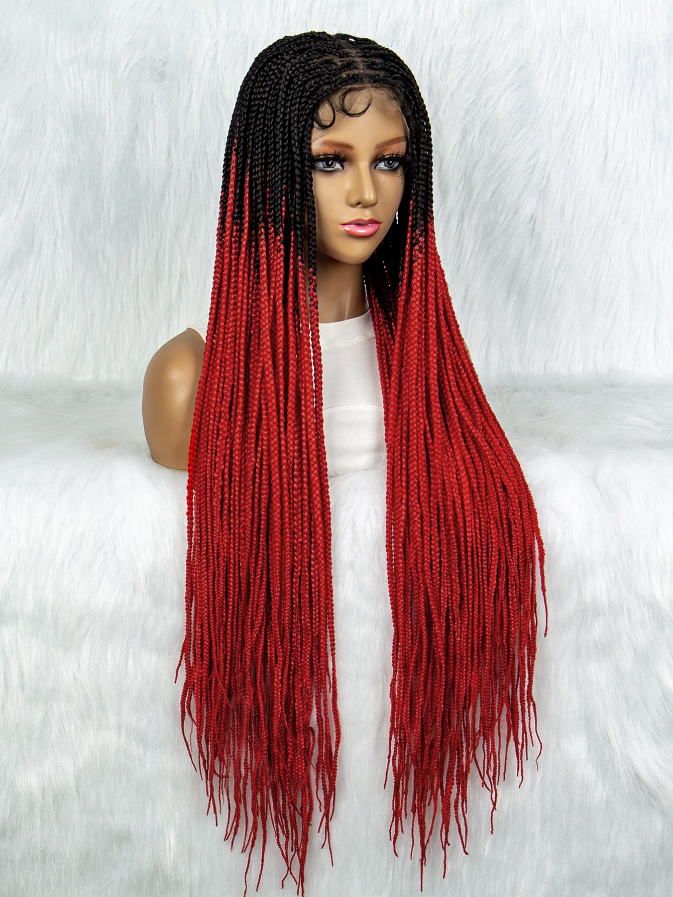 Ombre Black to Red Long Box Braids Wig - Full Lace Synthetic Braided Hair