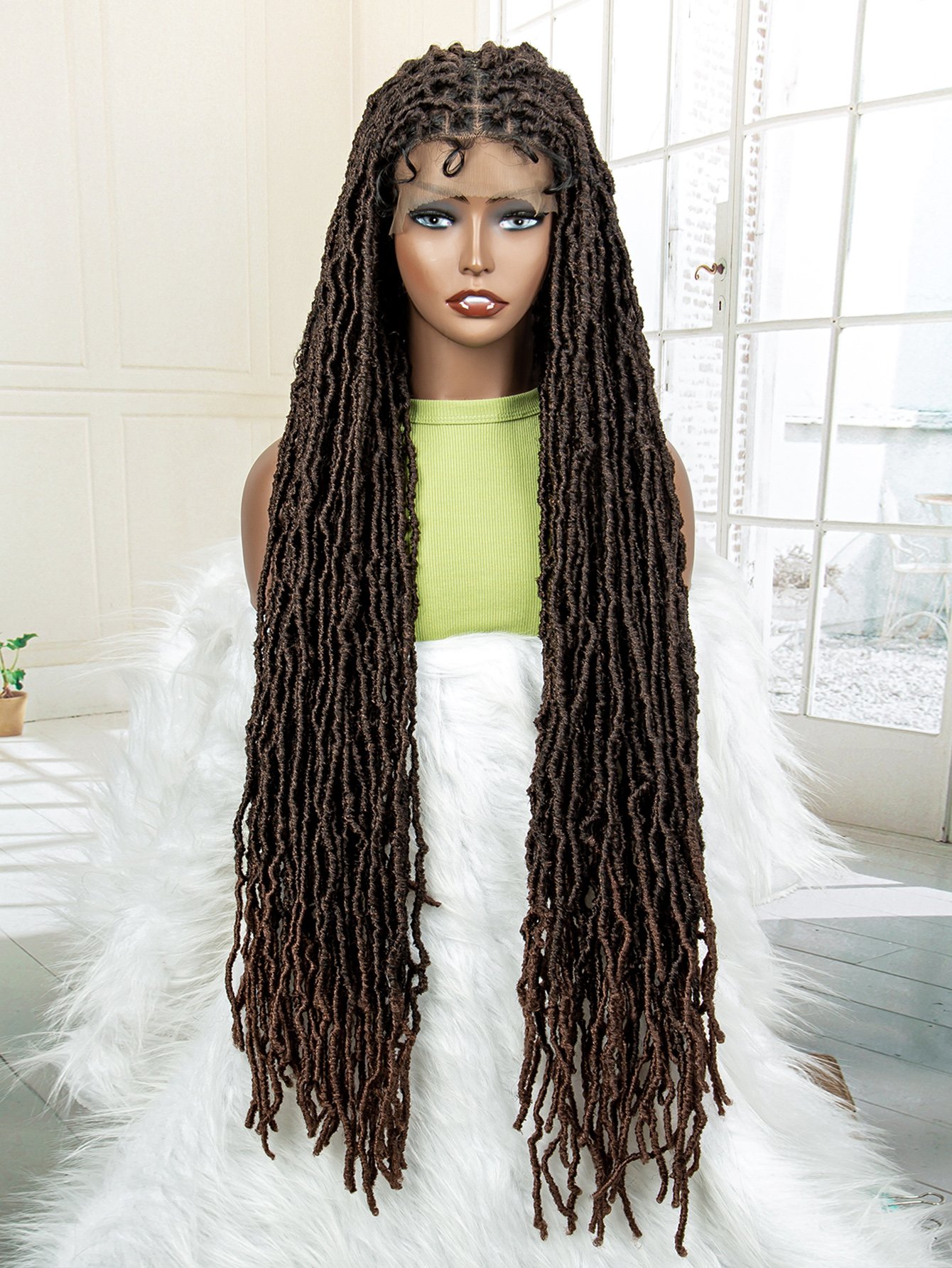 Long Braided Full Lace Wig - Faux Locs Style, Brown Mix, Everyday Wear