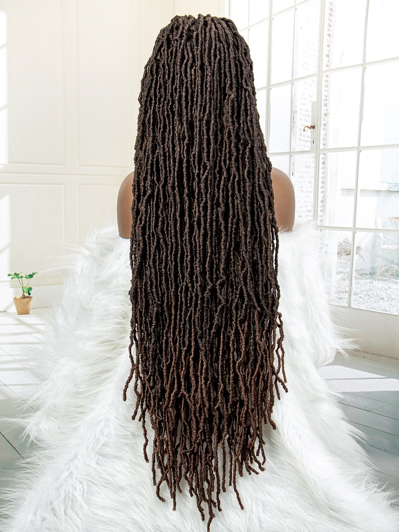 Long Braided Full Lace Wig - Faux Locs Style, Brown Mix, Everyday Wear