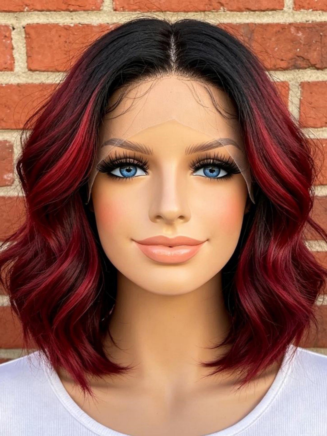 Short Wavy Burgundy and Black Ombre Synthetic Lace Front Wig for Women - Glueless with Baby Hair