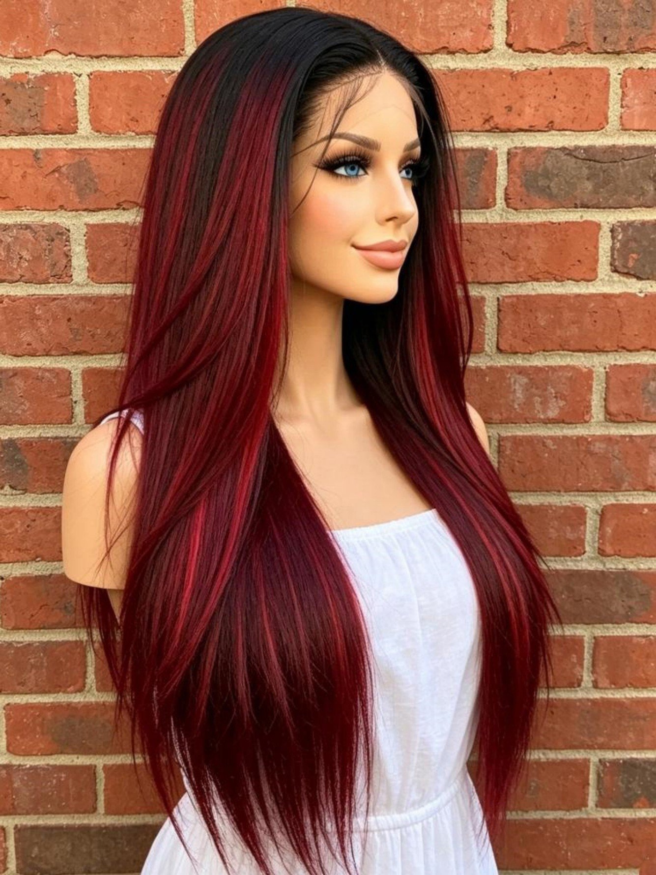 Ombre Burgundy Red Lace Front Wig - Long Straight Synthetic Hair for Women