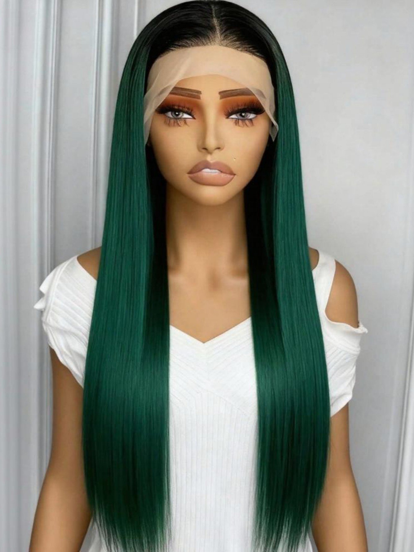 Emerald Ombre Lace Front Wig - Long Straight Synthetic Hair with Dark Roots
