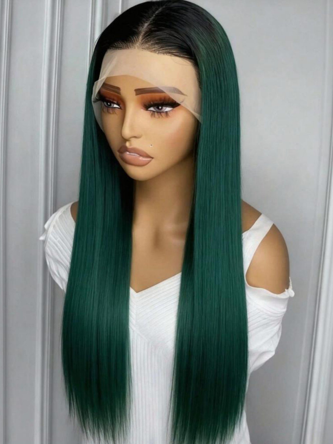Emerald Ombre Lace Front Wig - Long Straight Synthetic Hair with Dark Roots