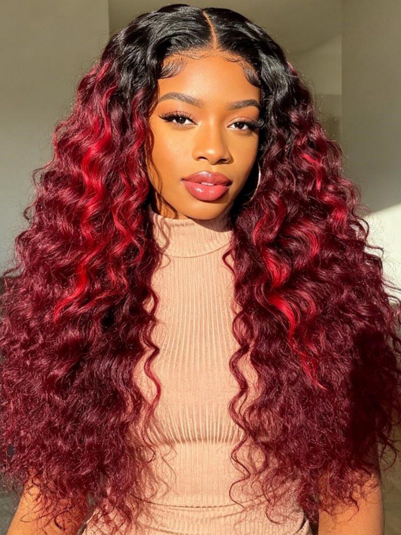 Ombre Burgundy Deep Wave Lace Front Wig