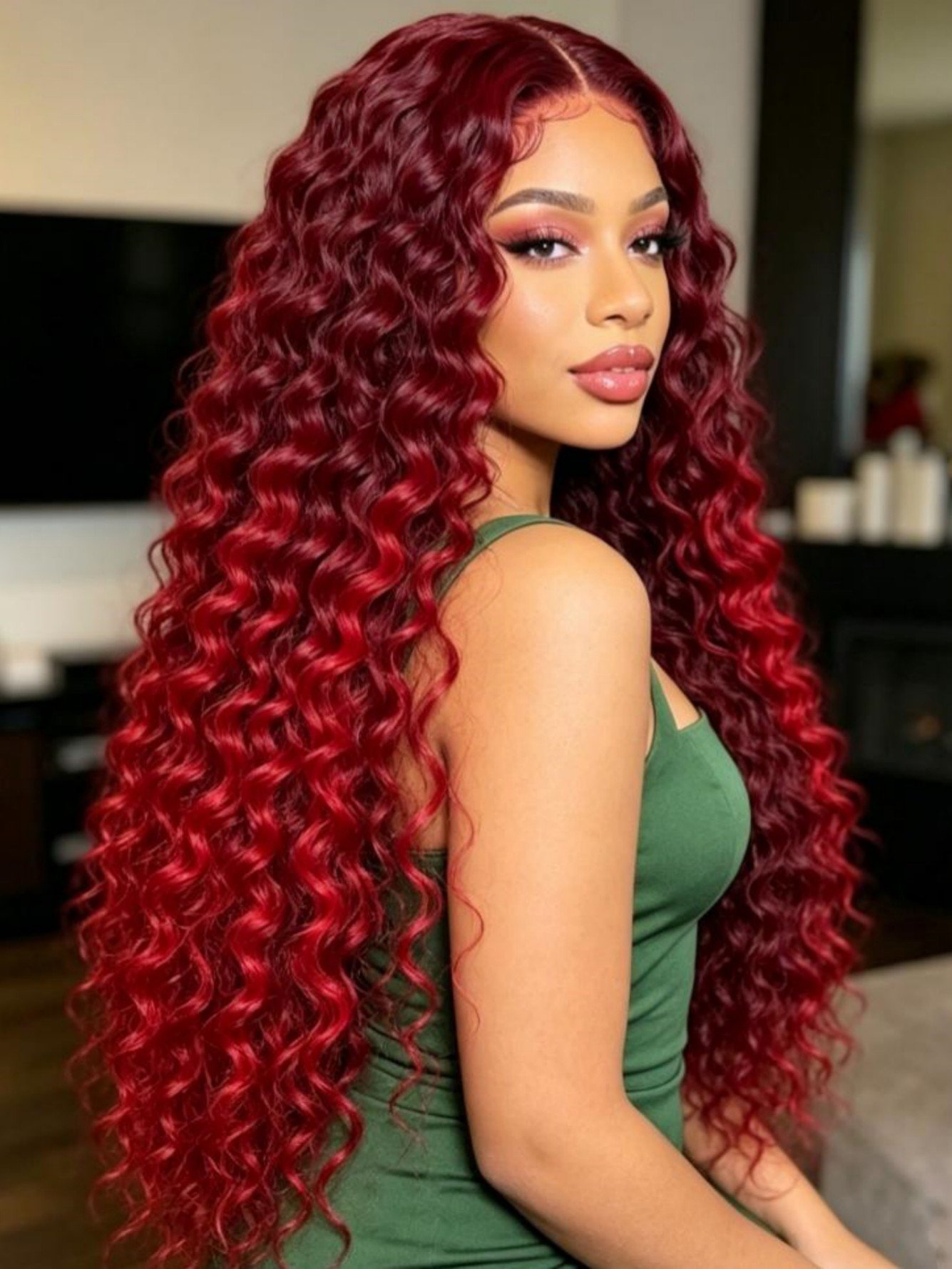 Burgundy Curly Long Wig
