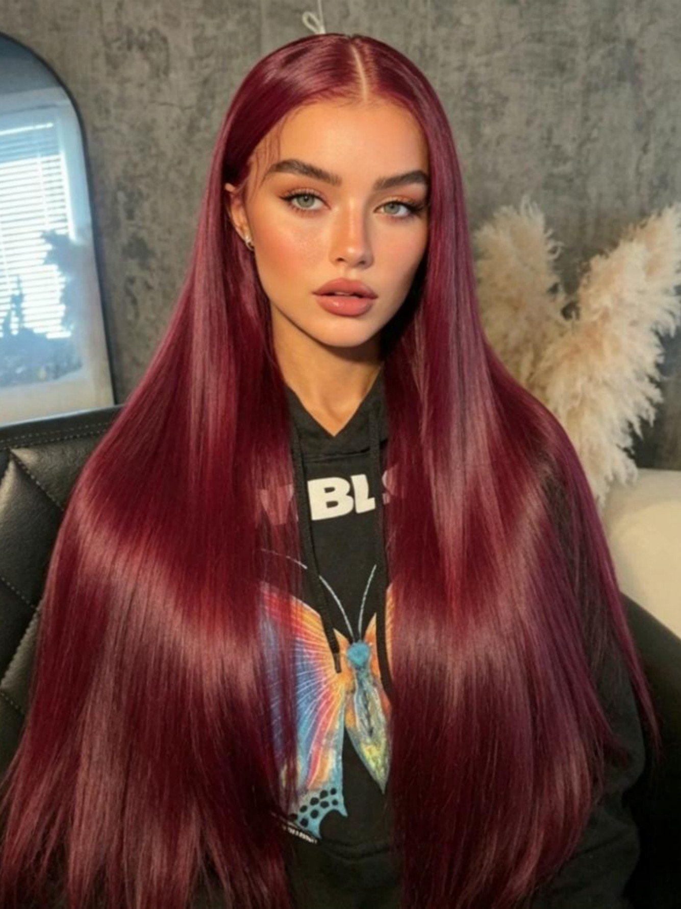 Burgundy Long Straight Wig