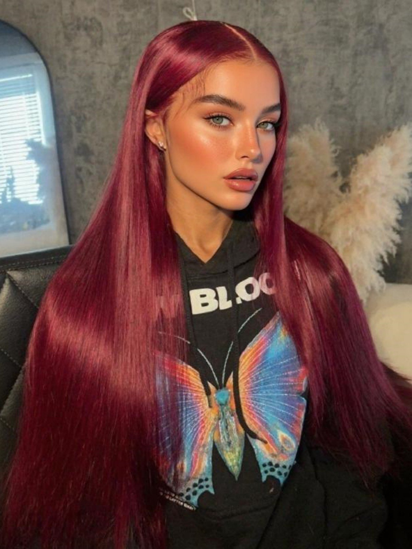 Burgundy Long Straight Wig