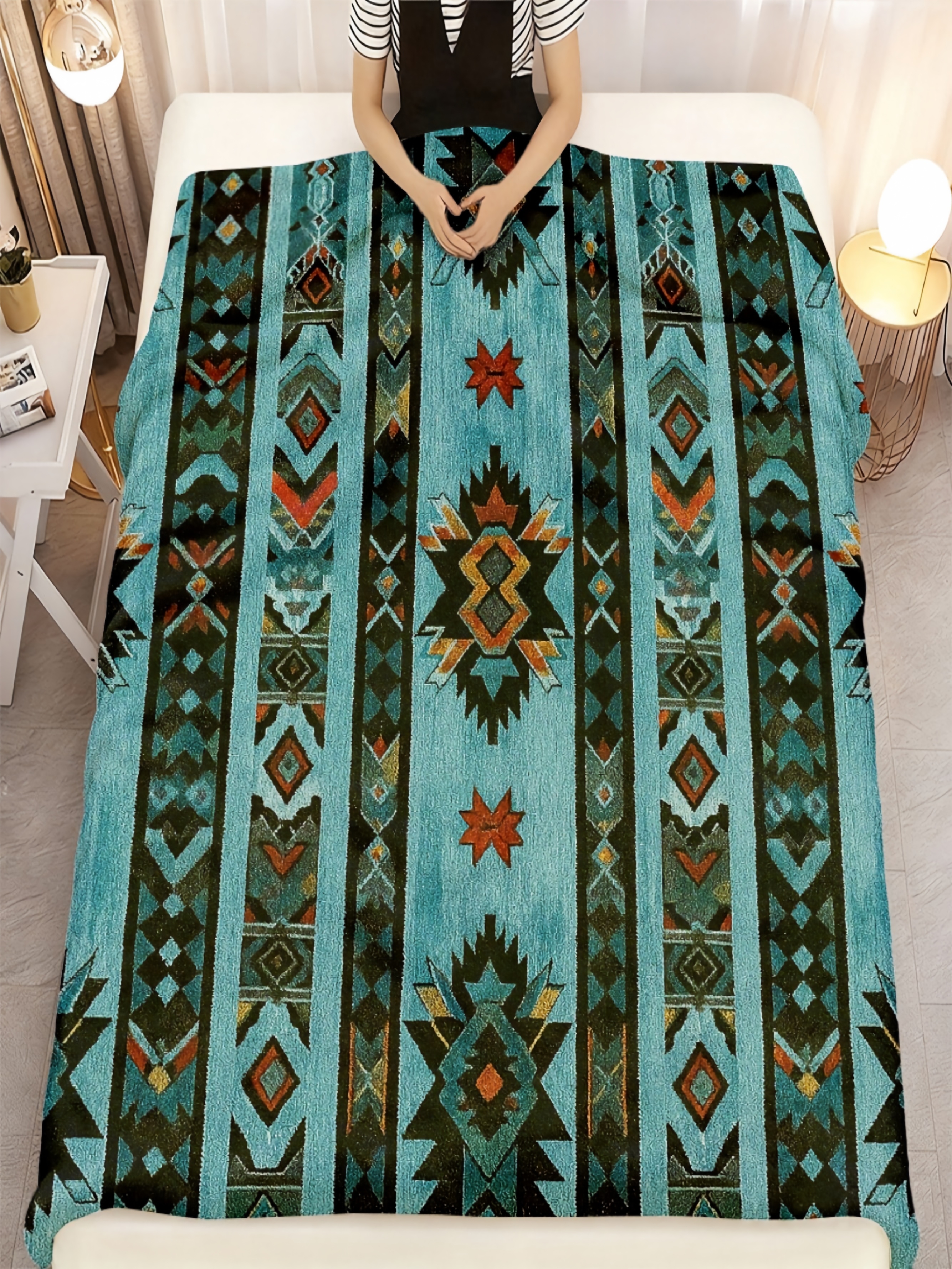 Turquoise Aztec Geometric Flannel Throw Blanket - 40X50 Inch