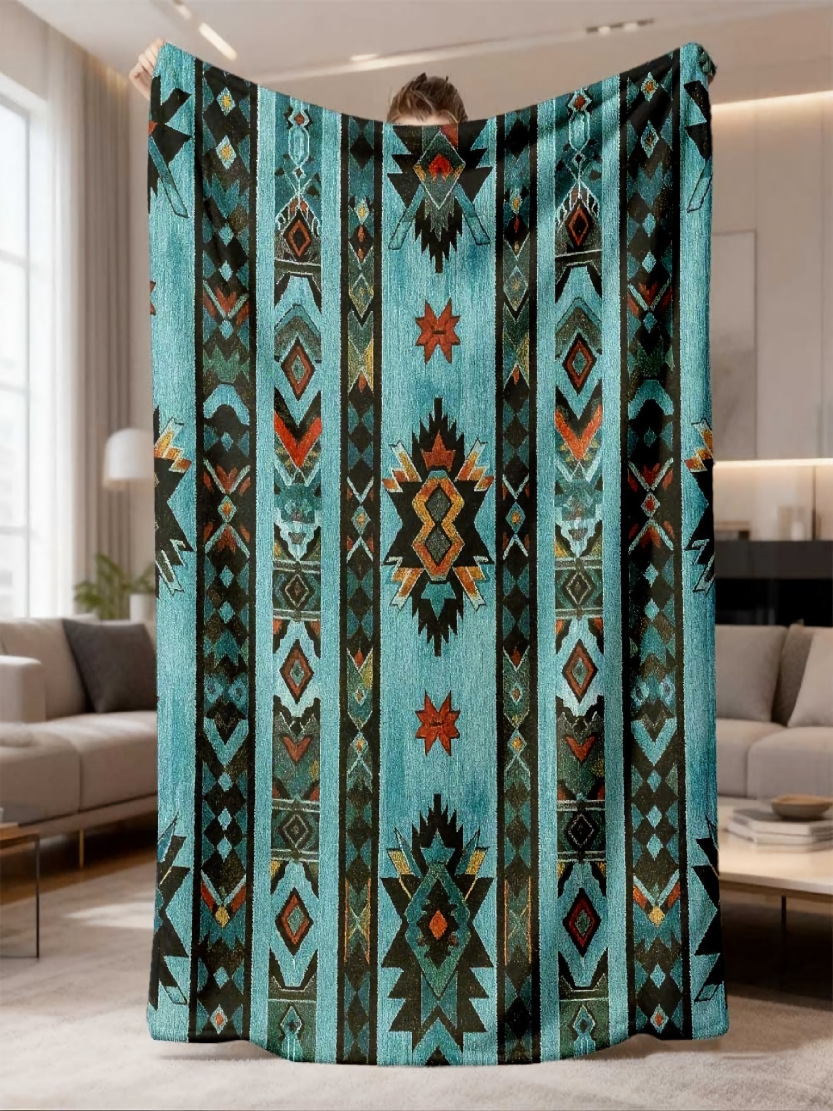 Turquoise Geometric Pattern Flannel Blanket, 50X60 Inch