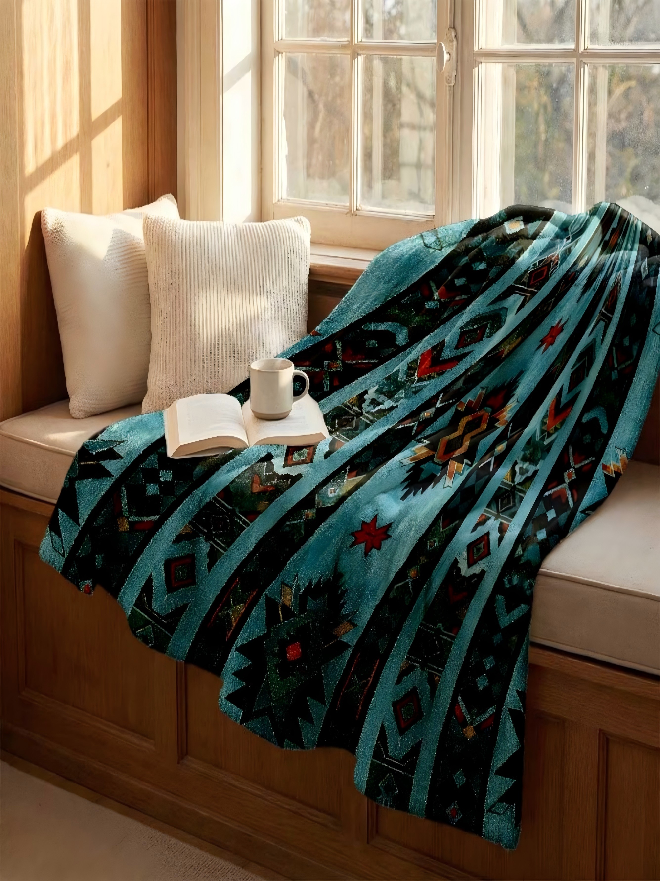 Turquoise Geometric Pattern Flannel Blanket, 50X60 Inch