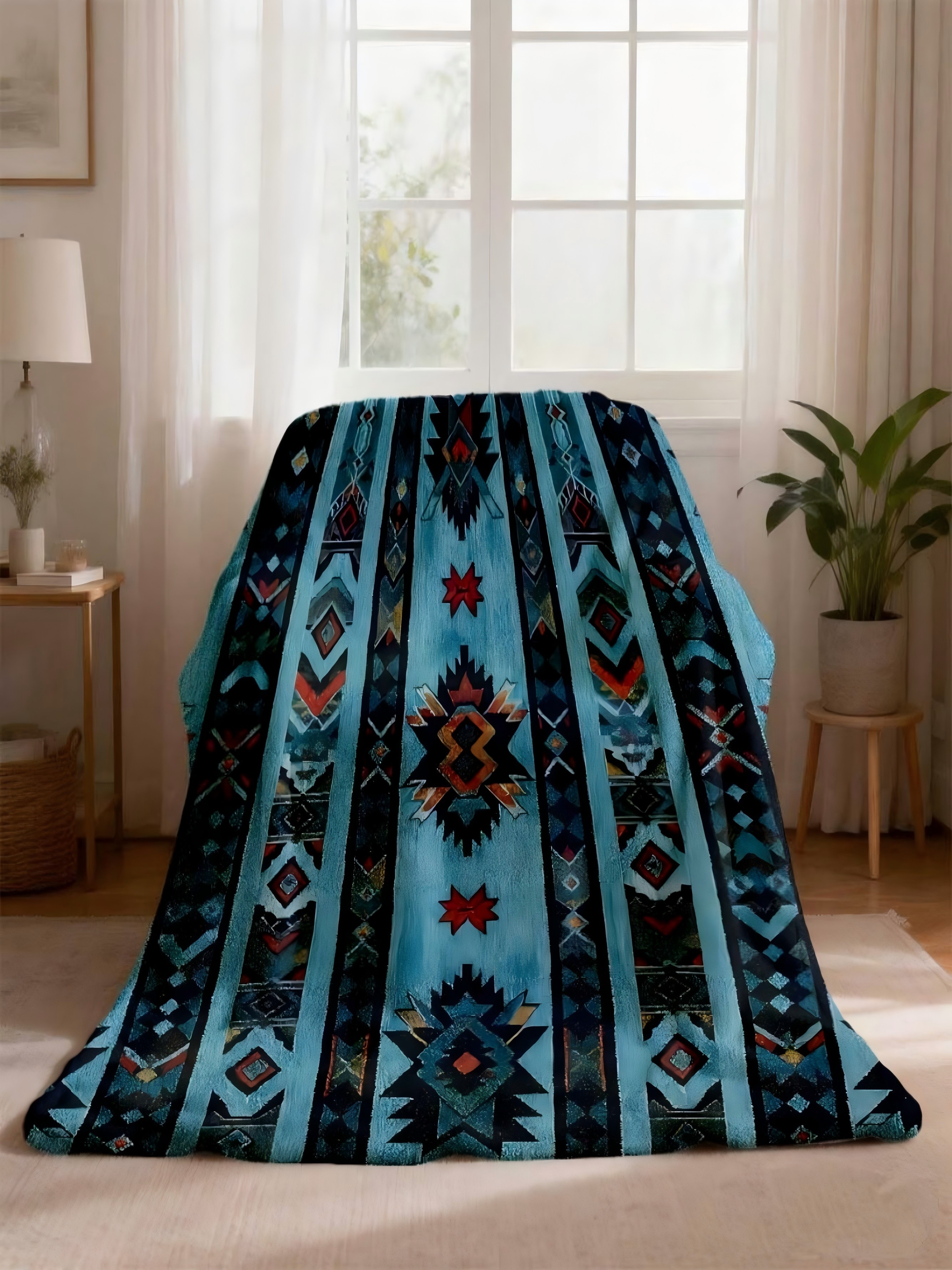 Turquoise Geometric Pattern Flannel Blanket, 50X60 Inch