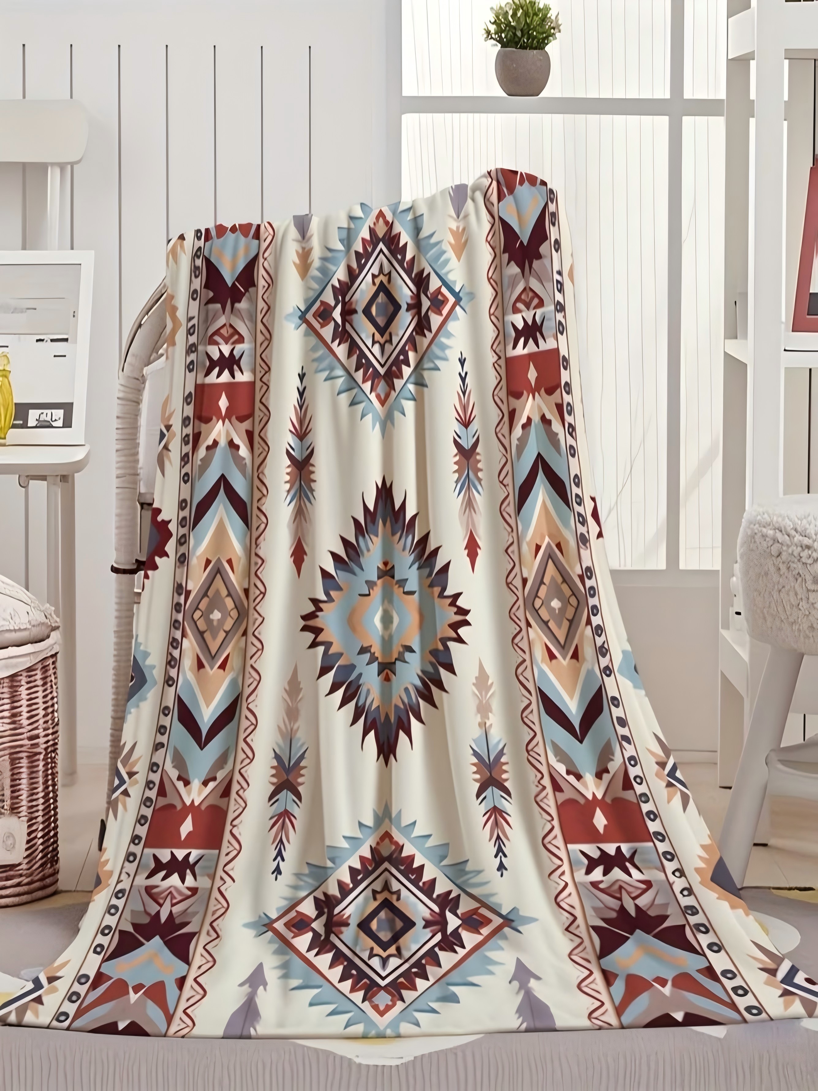 Boho Diamond Pattern Flannel Throw Blanket, Beige