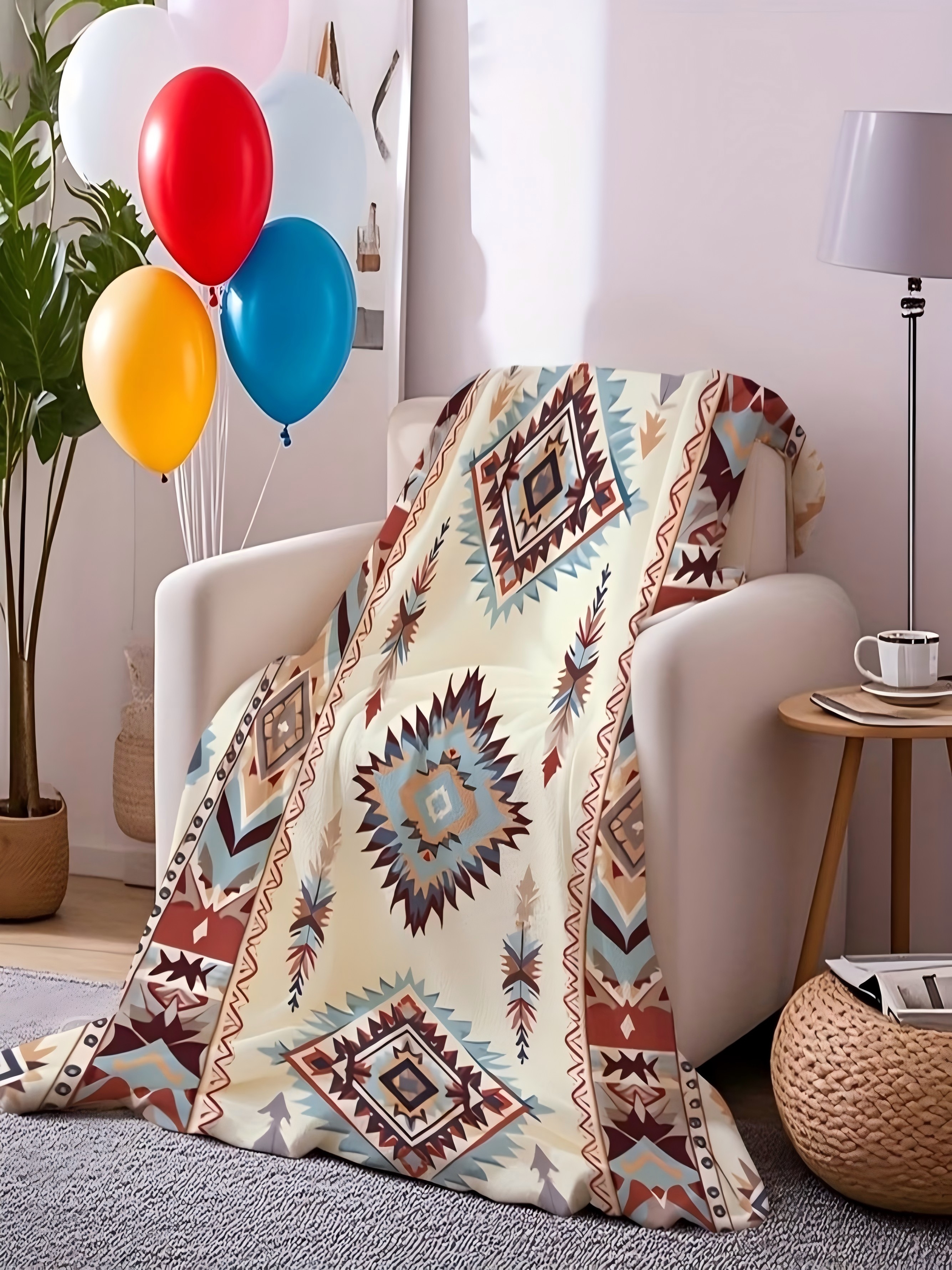 Bohemian Diamond Pattern Flannel Throw Blanket - Beige 50x60 inch
