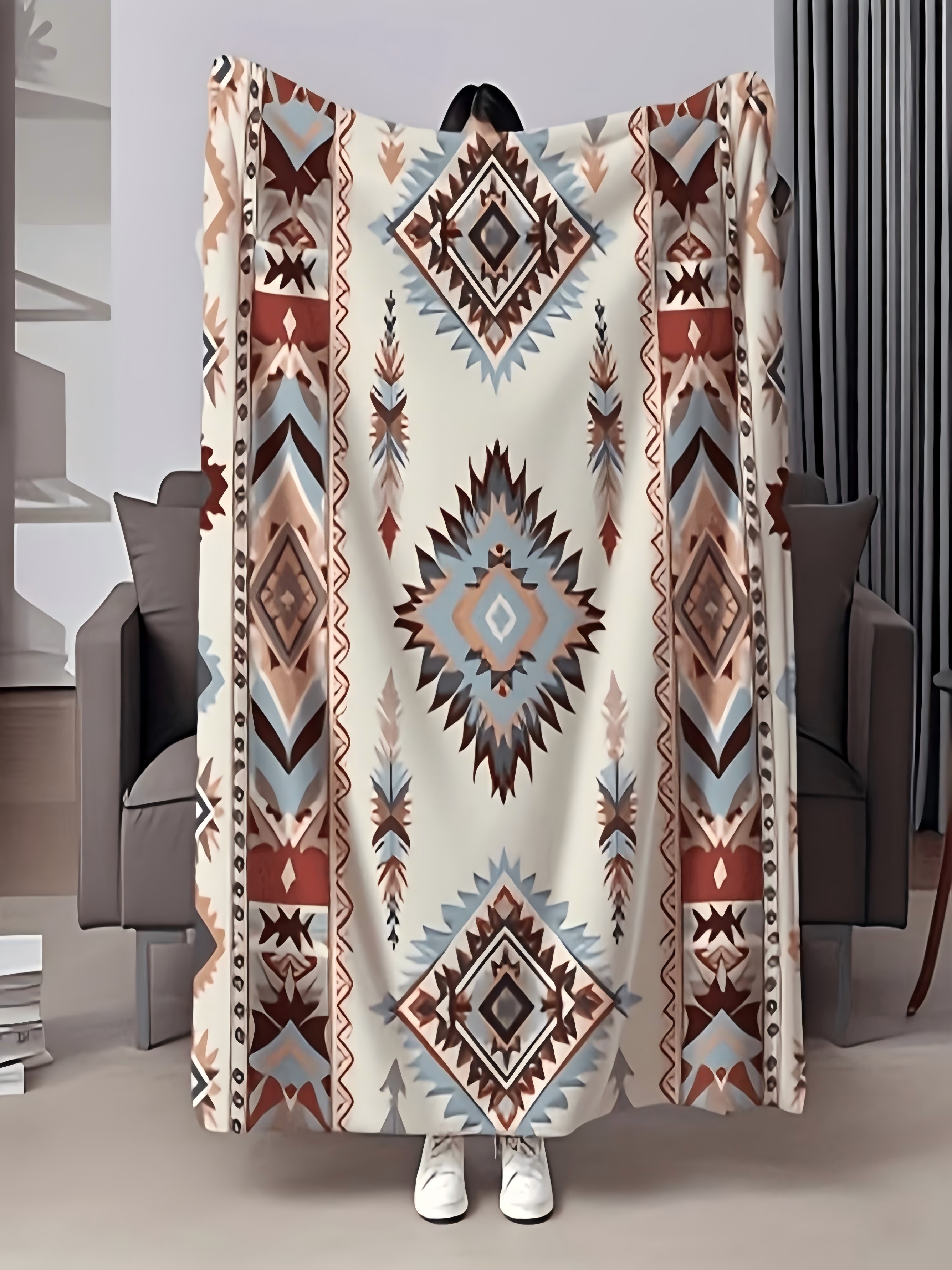 Bohemian Diamond Pattern Flannel Throw Blanket - Beige 50x60 inch