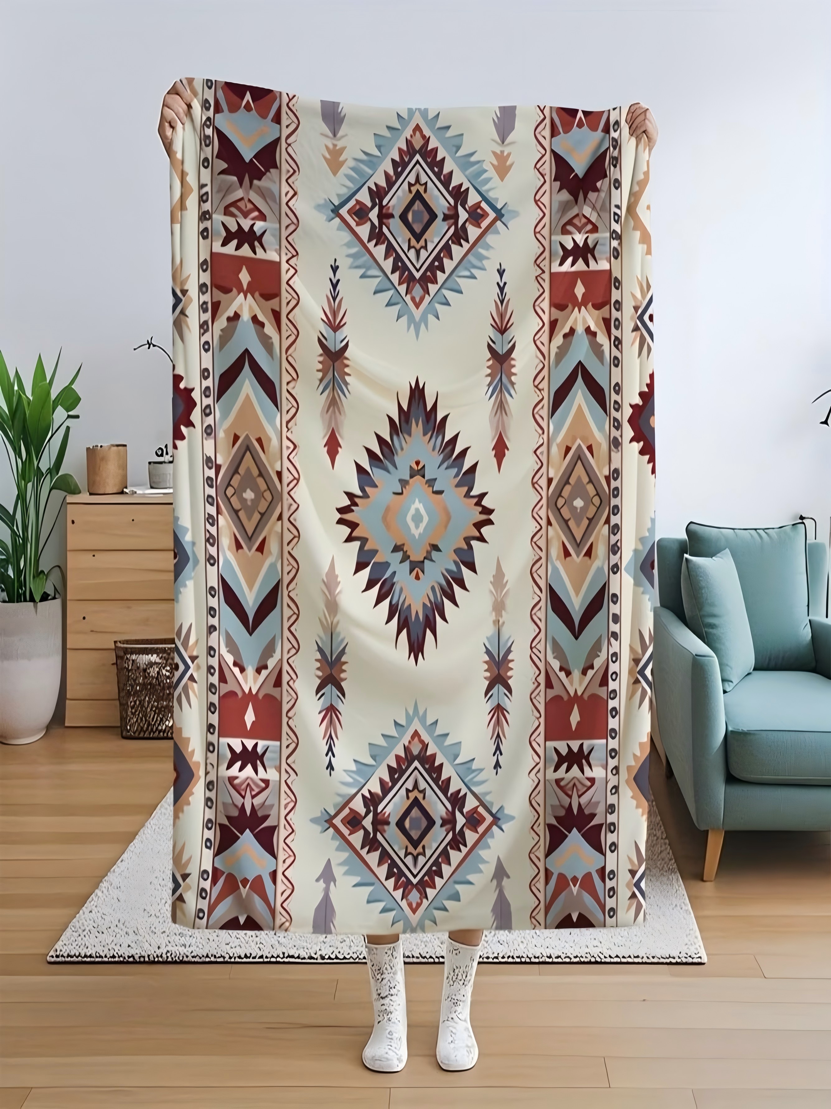 Boho Diamond Pattern Flannel Blanket - Beige, 60x80