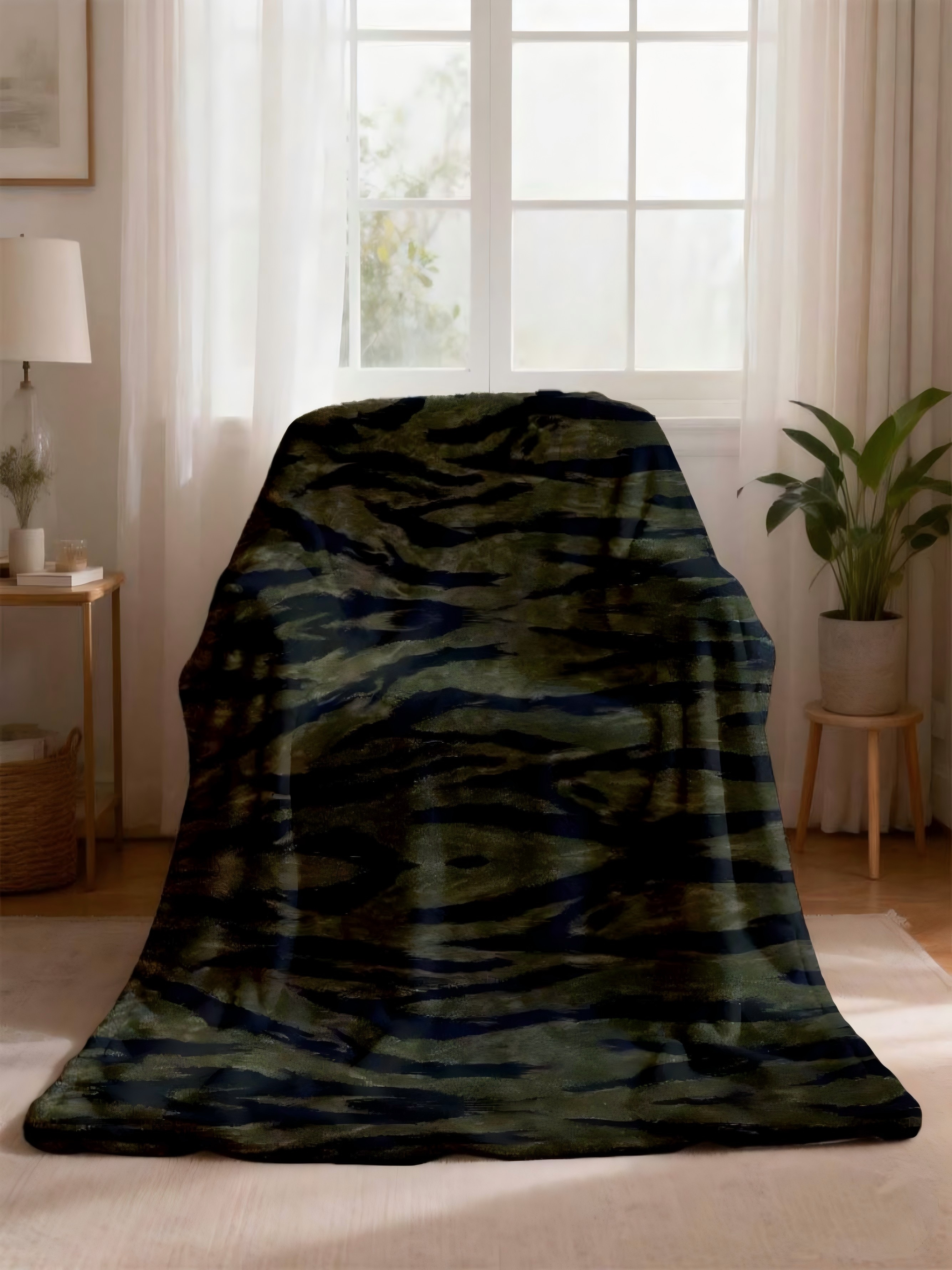 Green Tiger Stripe Flannel Blanket 60X80 Inch
