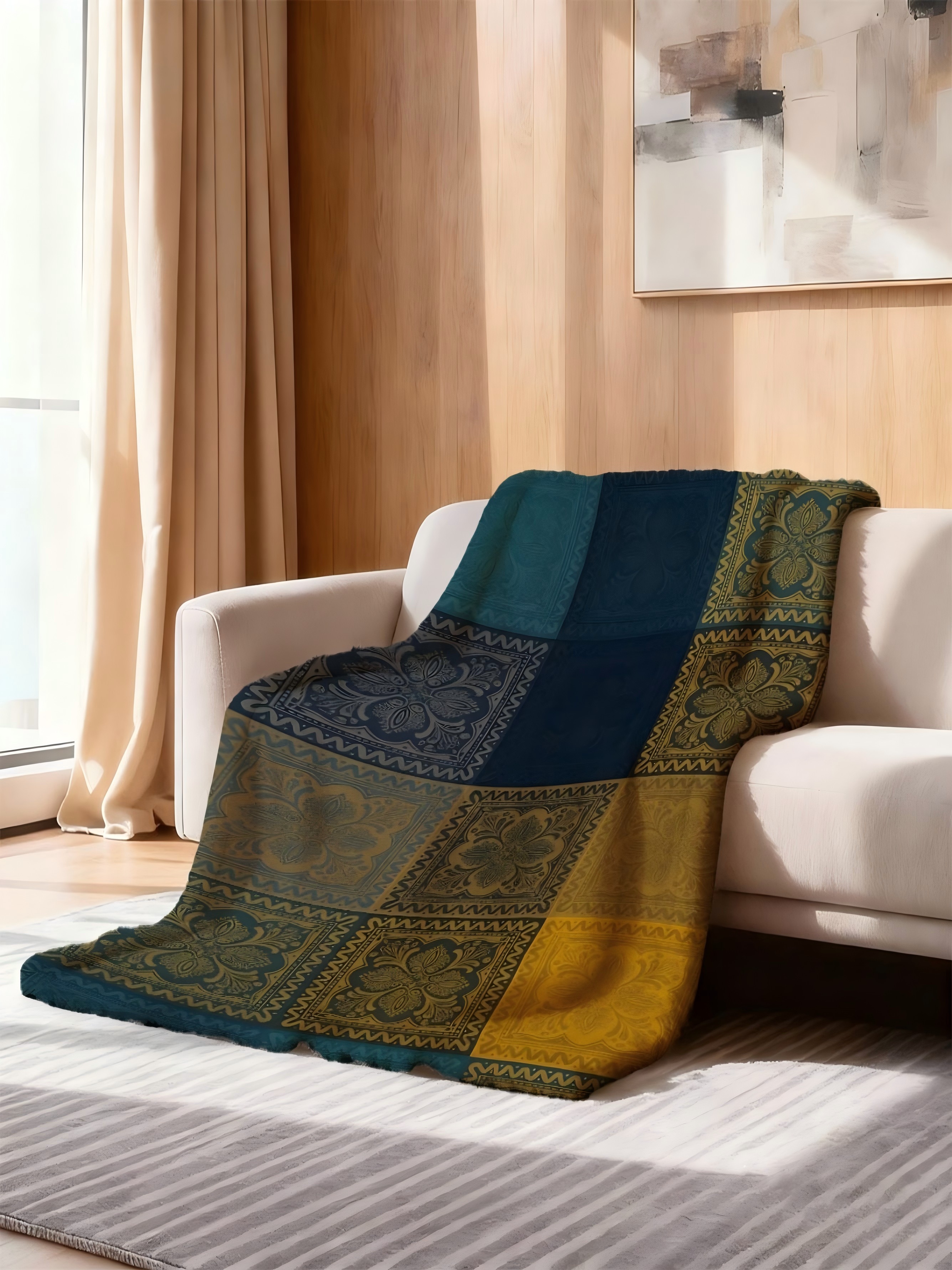 Navy Blue and Gold Geometric Patchwork Flannel Throw Blanket, 1 PC