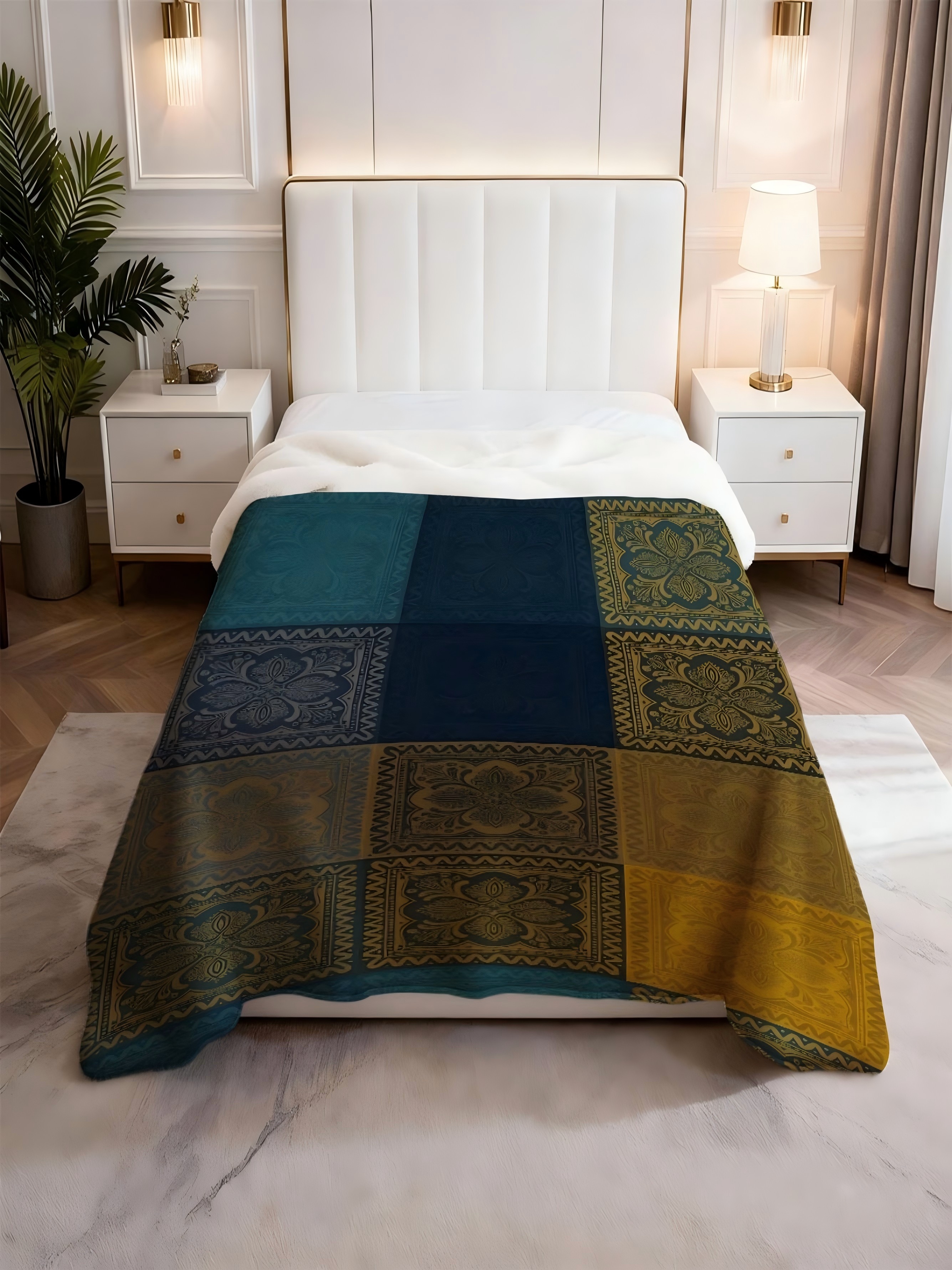 Navy Blue Geometric Patchwork Flannel Blanket, 40x50 inch