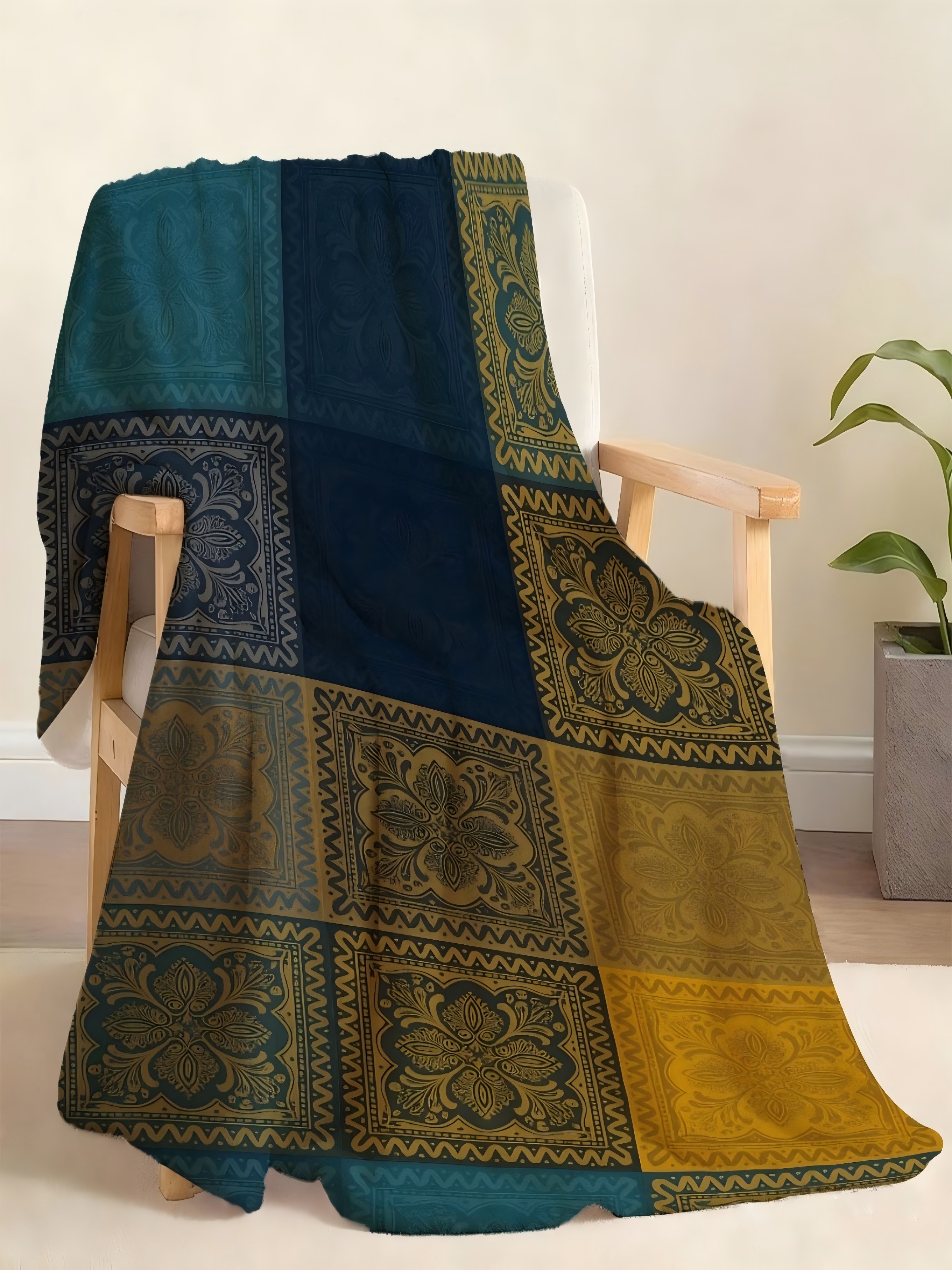 Navy Blue Geometric Patchwork Flannel Blanket, 40x50 inch
