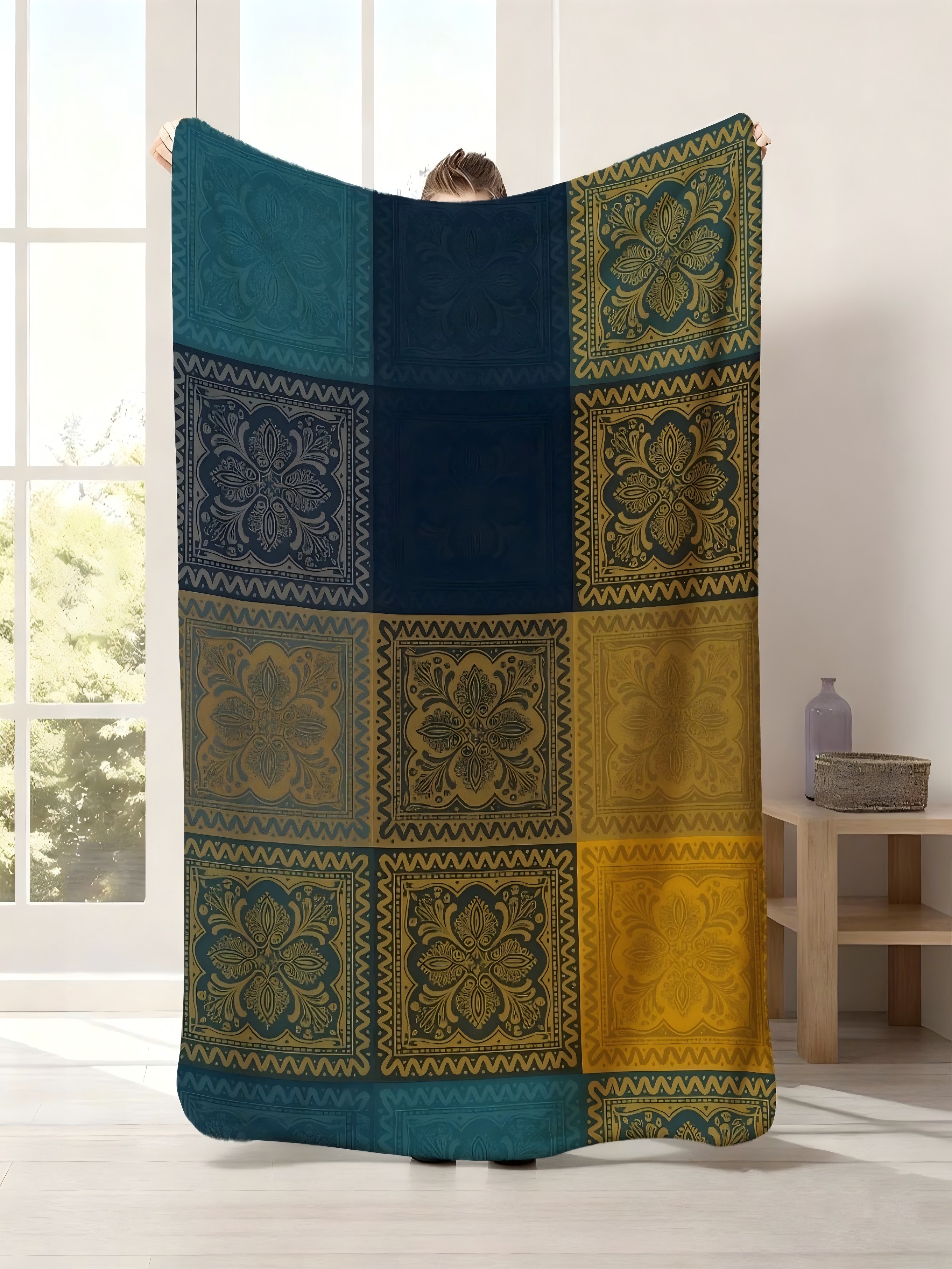 Navy Blue Geometric Floral Flannel Throw Blanket