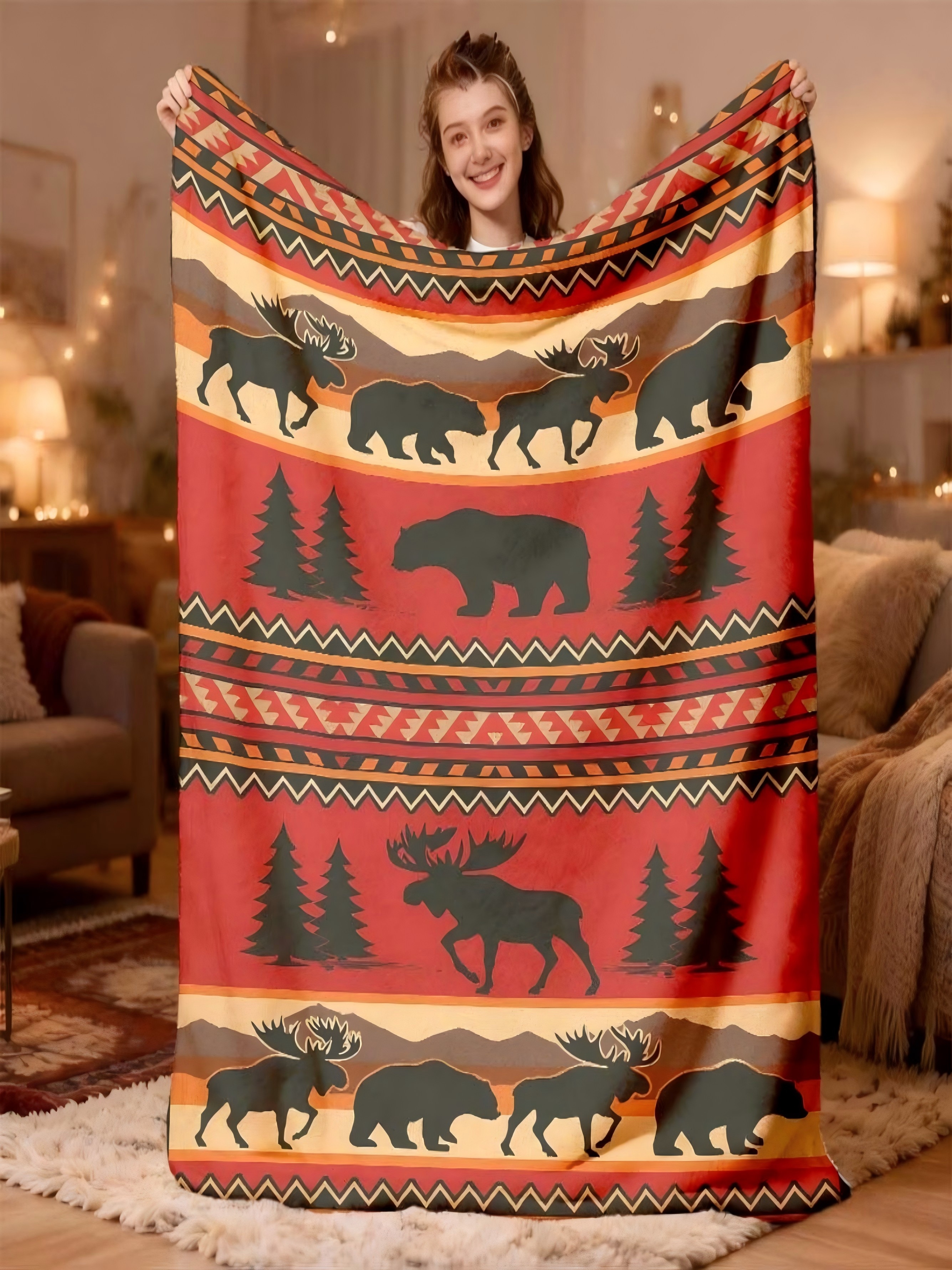 Cozy Wilderness Fleece Blanket - Orange Forest and Animal Print