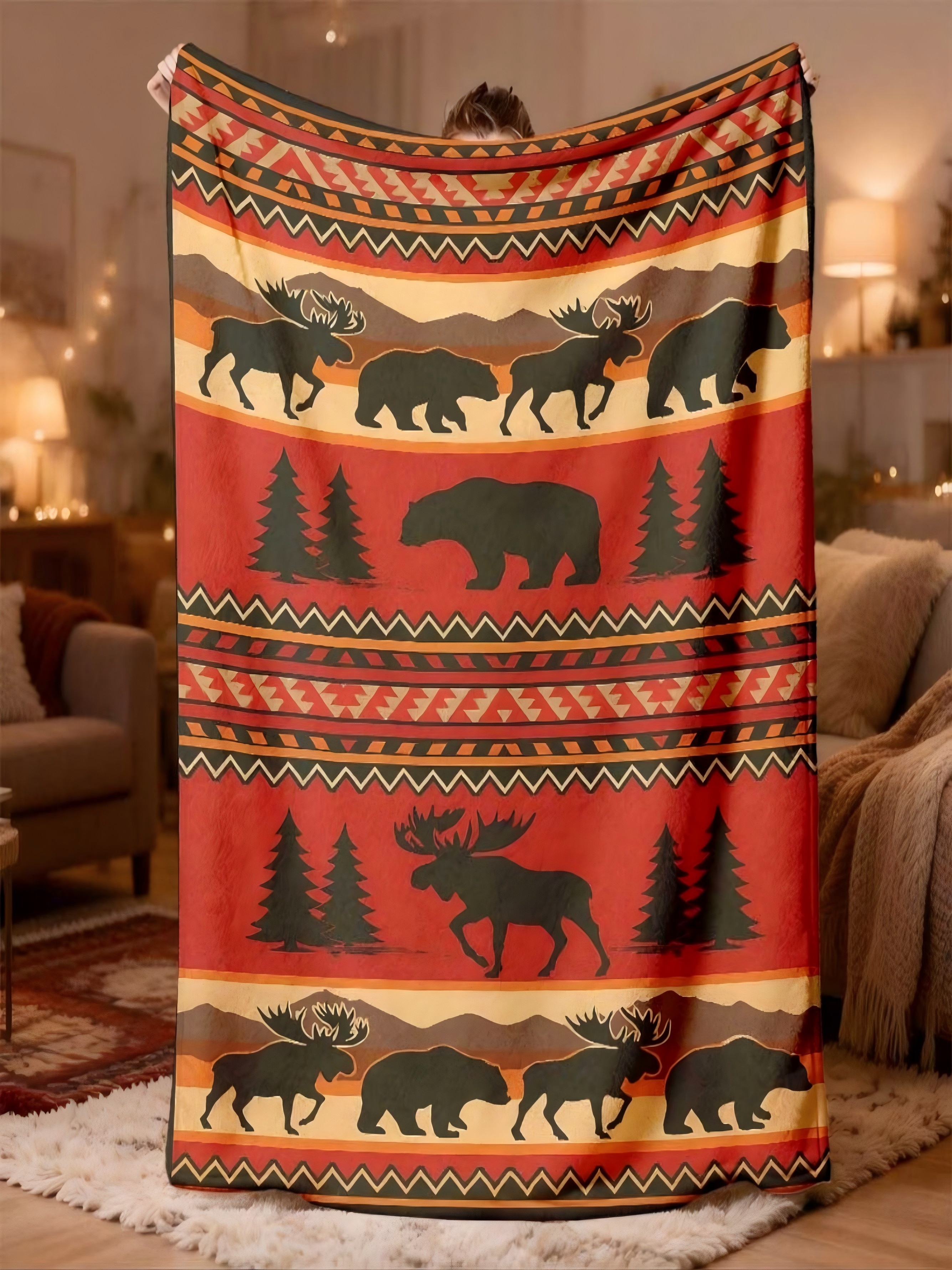 Cozy Wilderness Fleece Blanket - Orange Forest and Animal Print
