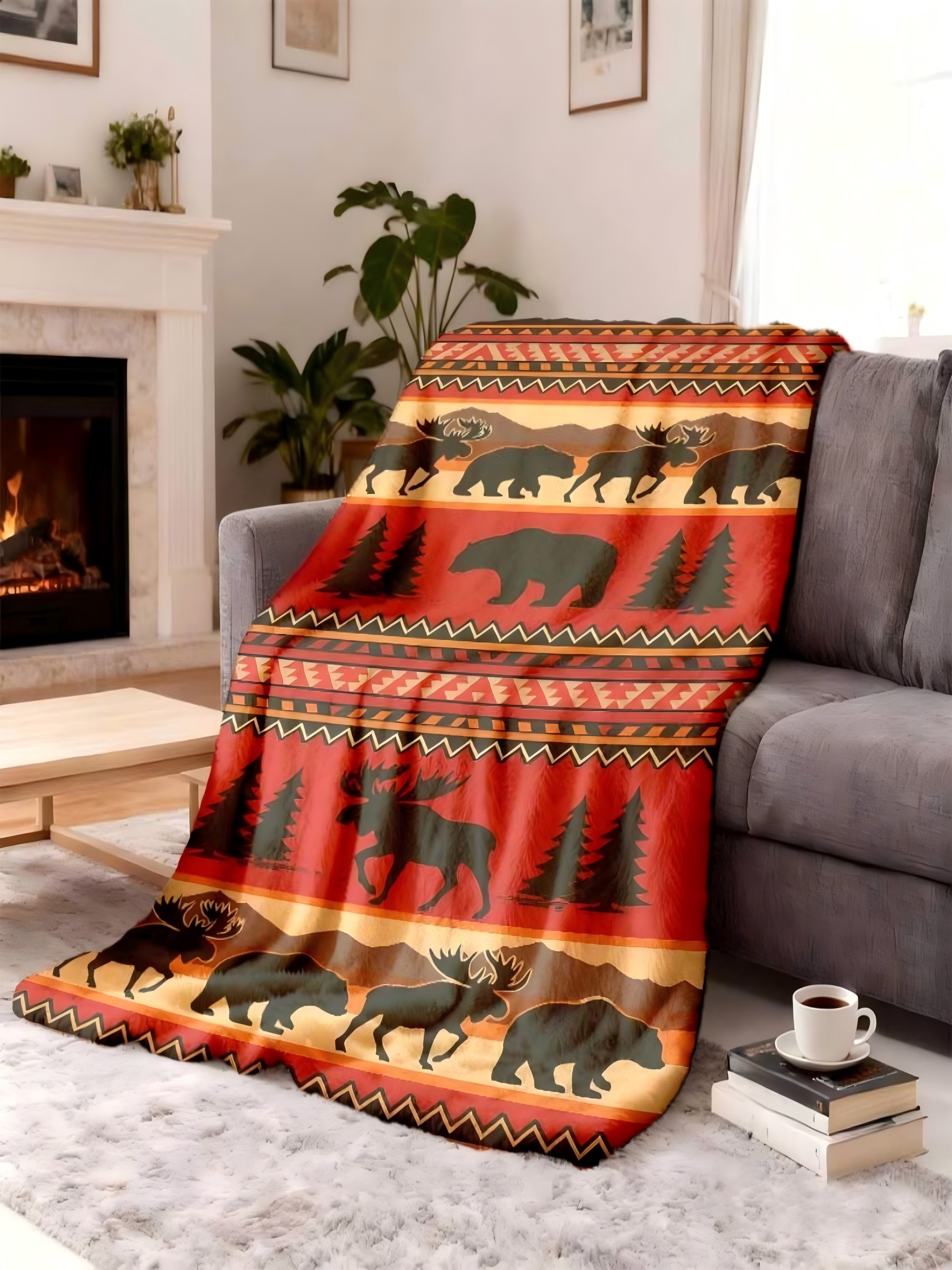 Cozy Wilderness Fleece Blanket - Orange Forest and Animal Print