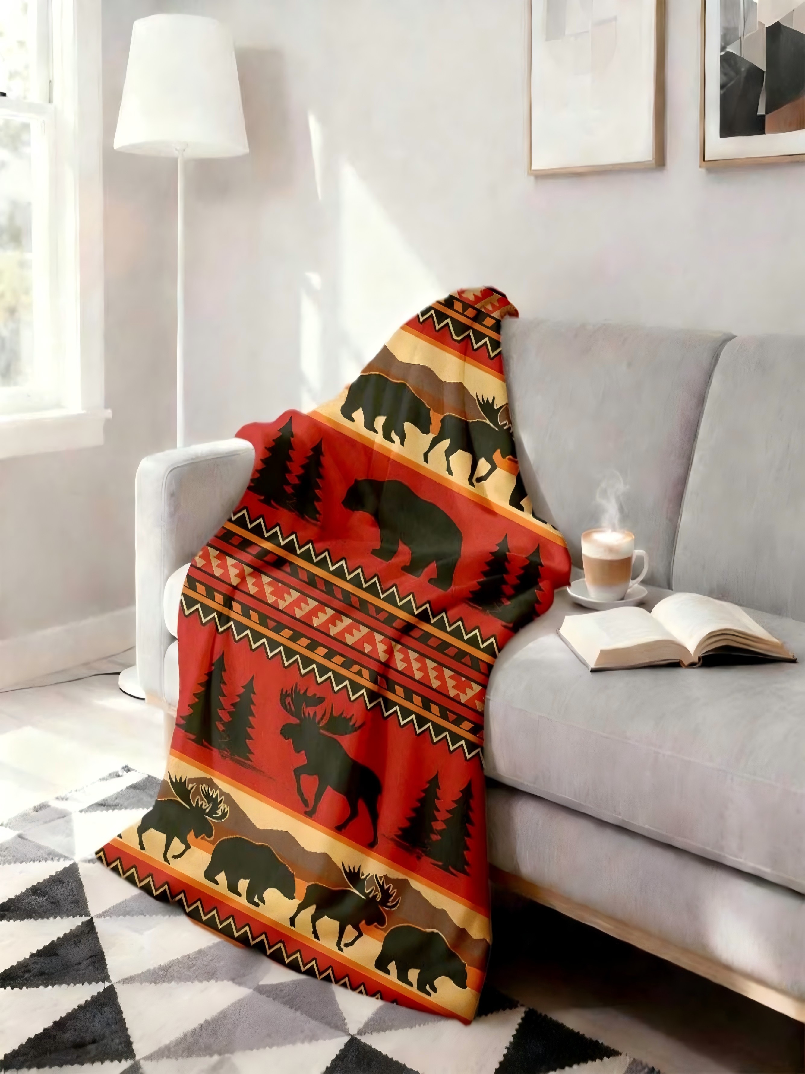 Cozy Wildlife Forest Print Flannel Blanket - Orange Tones