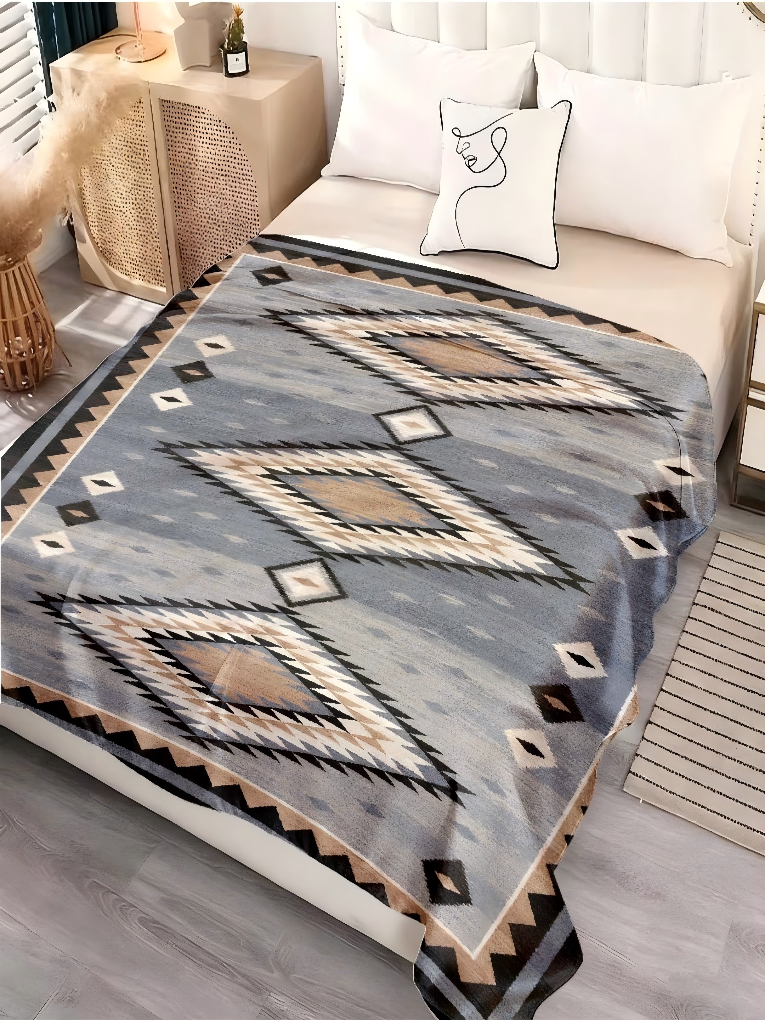 Geometric Diamond Flannel Blanket - Blue and Grey