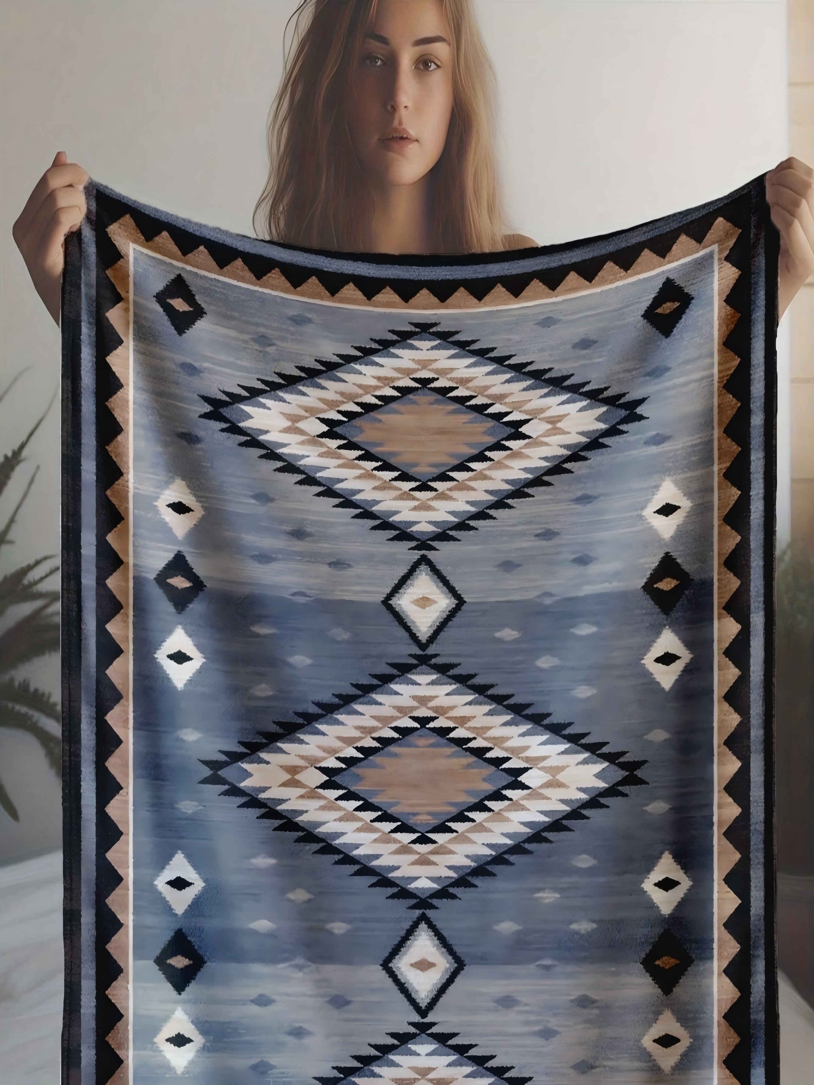 Geometric Diamond Flannel Blanket - Blue and Grey