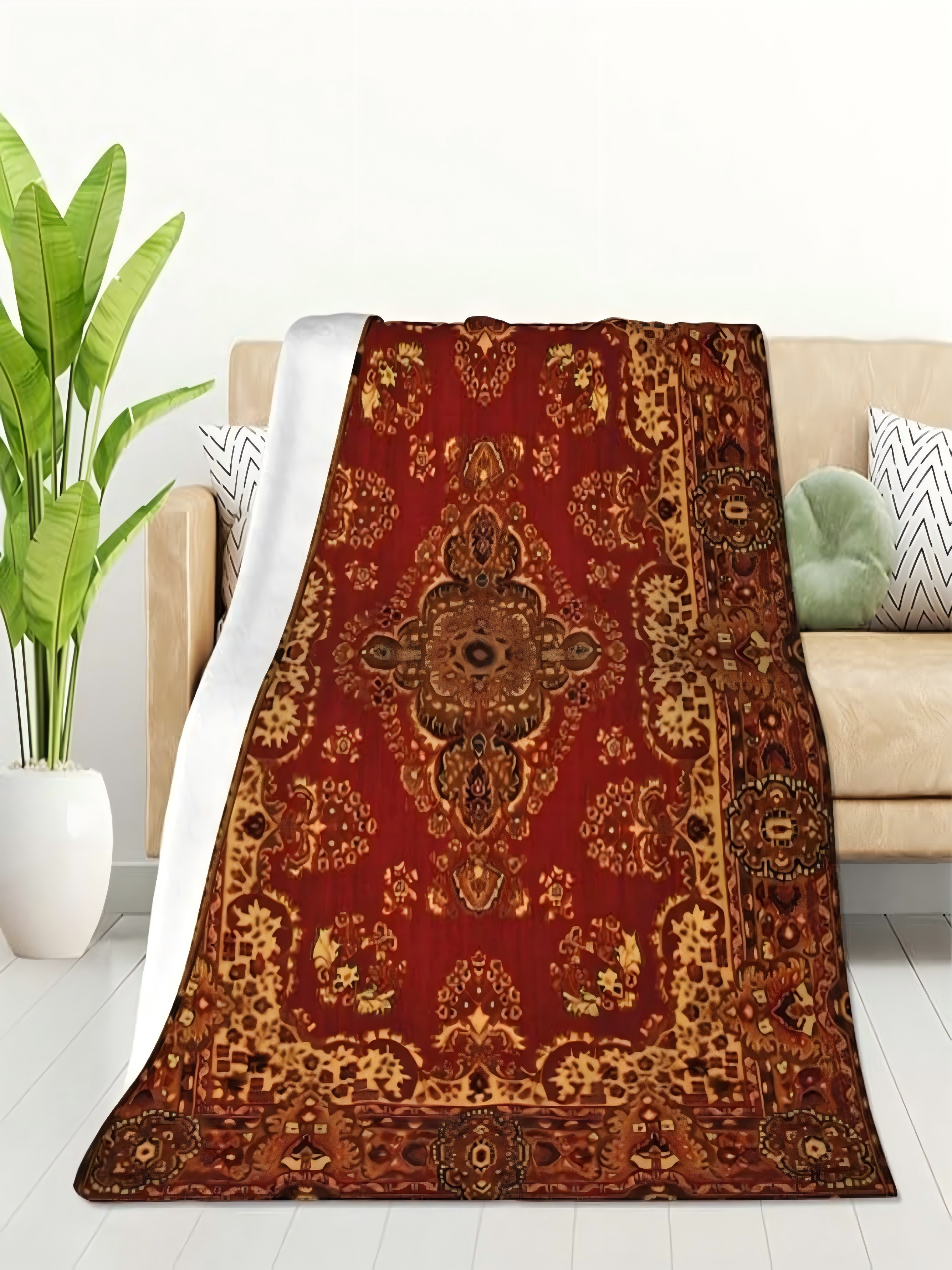 Burgundy Oriental Patterned Flannel Throw Blanket