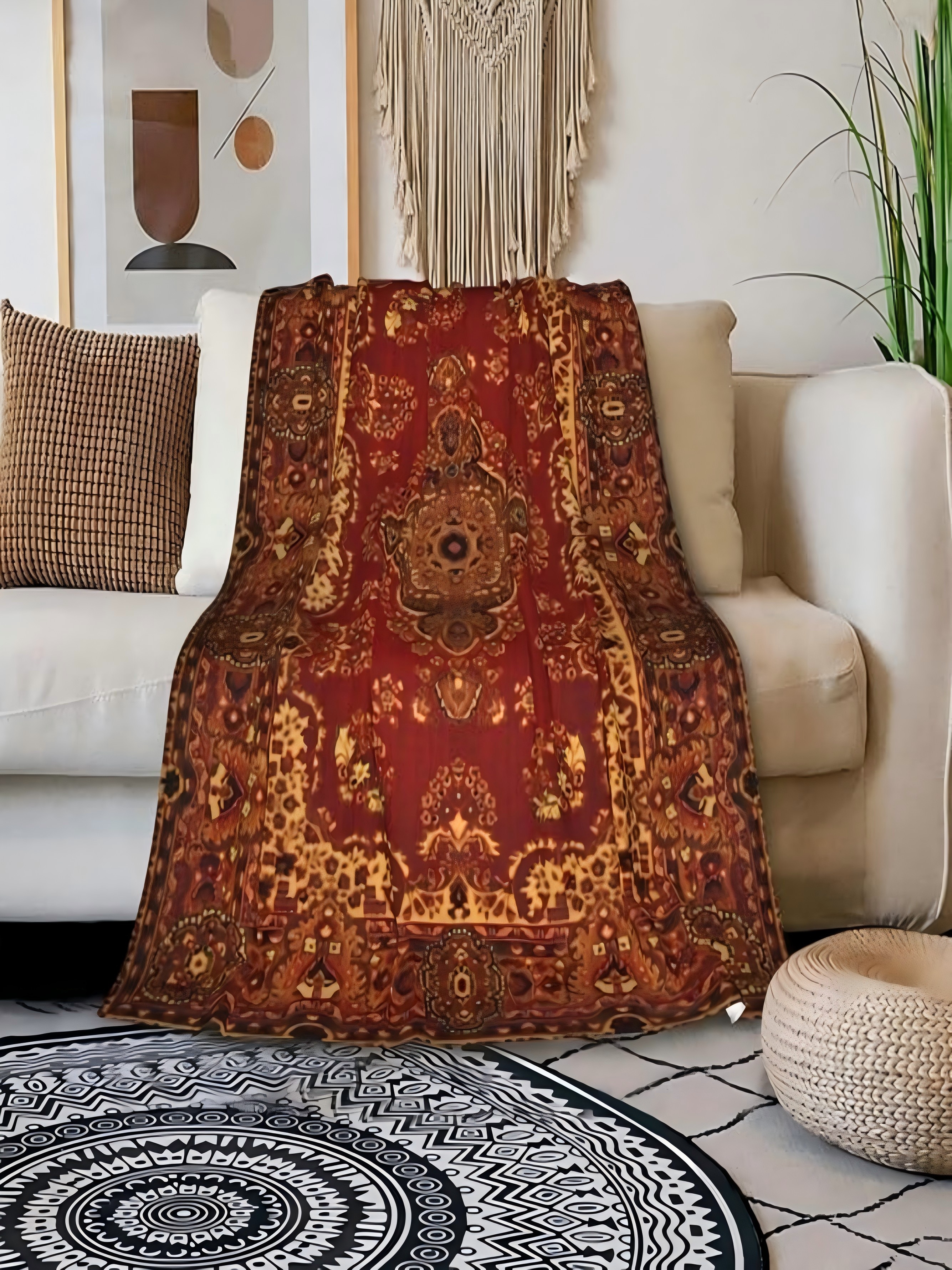 Burgundy Oriental Rug Pattern Flannel Blanket, 60X80
