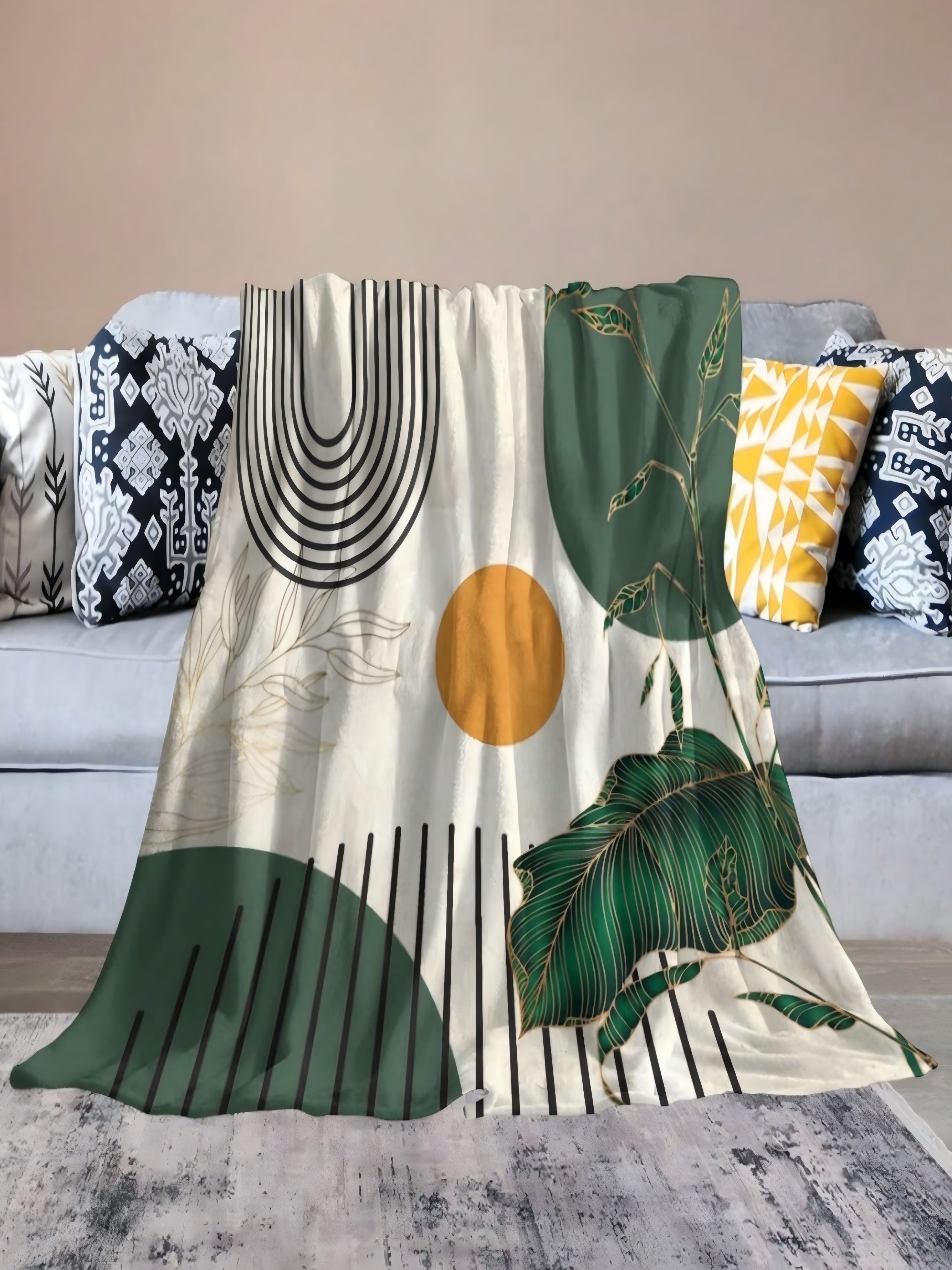 Boho Abstract Botanical Green Geometric Flannel Blanket, 1PC