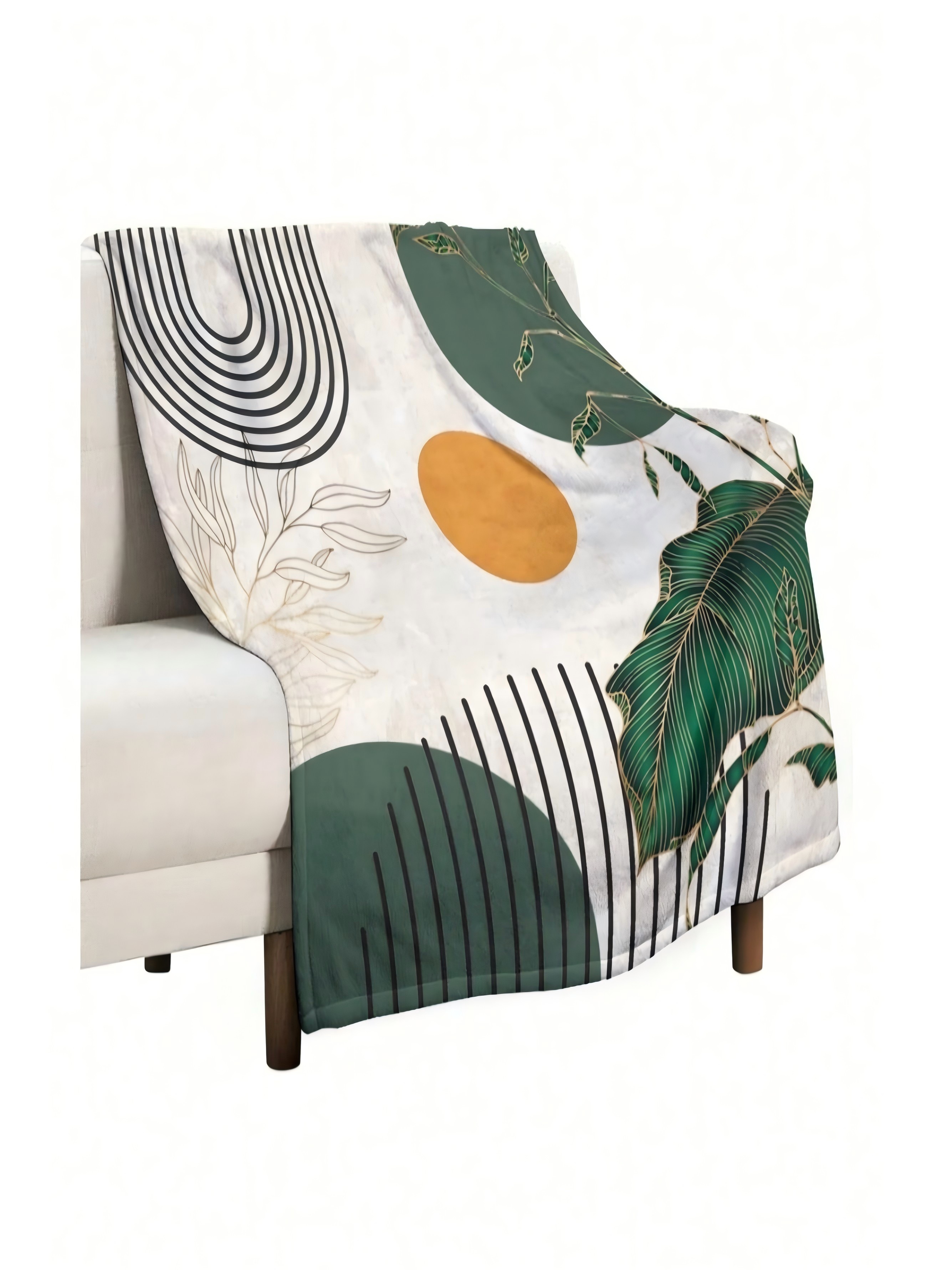 Boho Botanical Geometric Flannel Throw Blanket - Beige and Green
