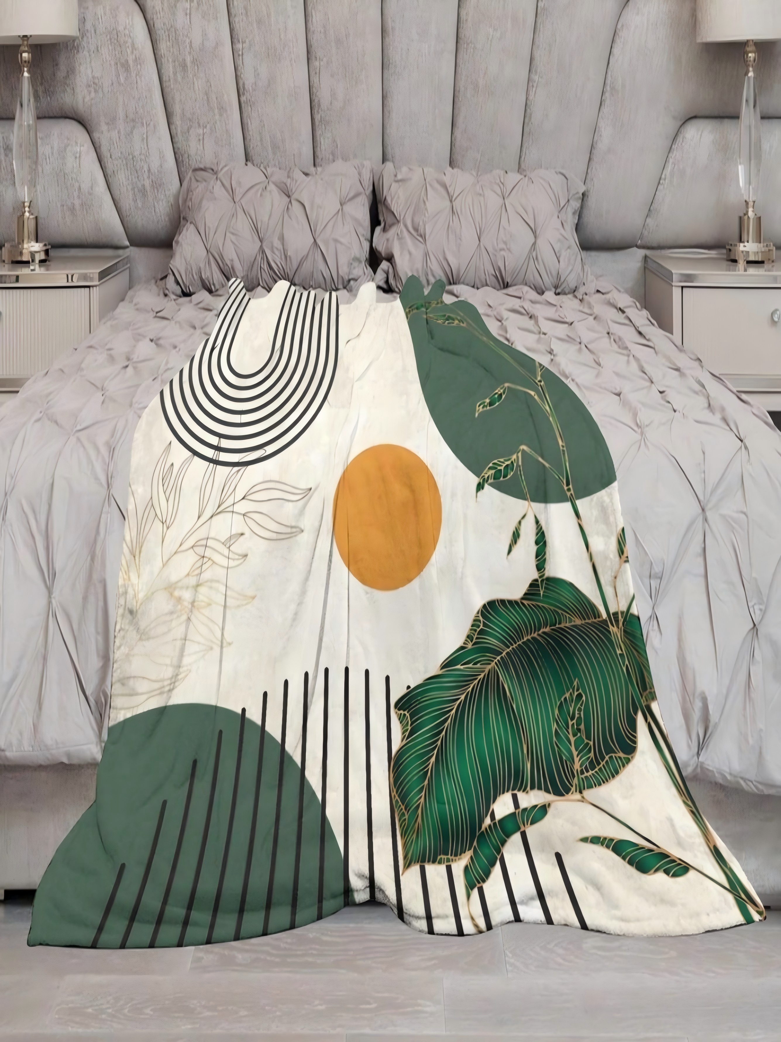 Boho Abstract Botanical Flannel Blanket - Green Geometric Print