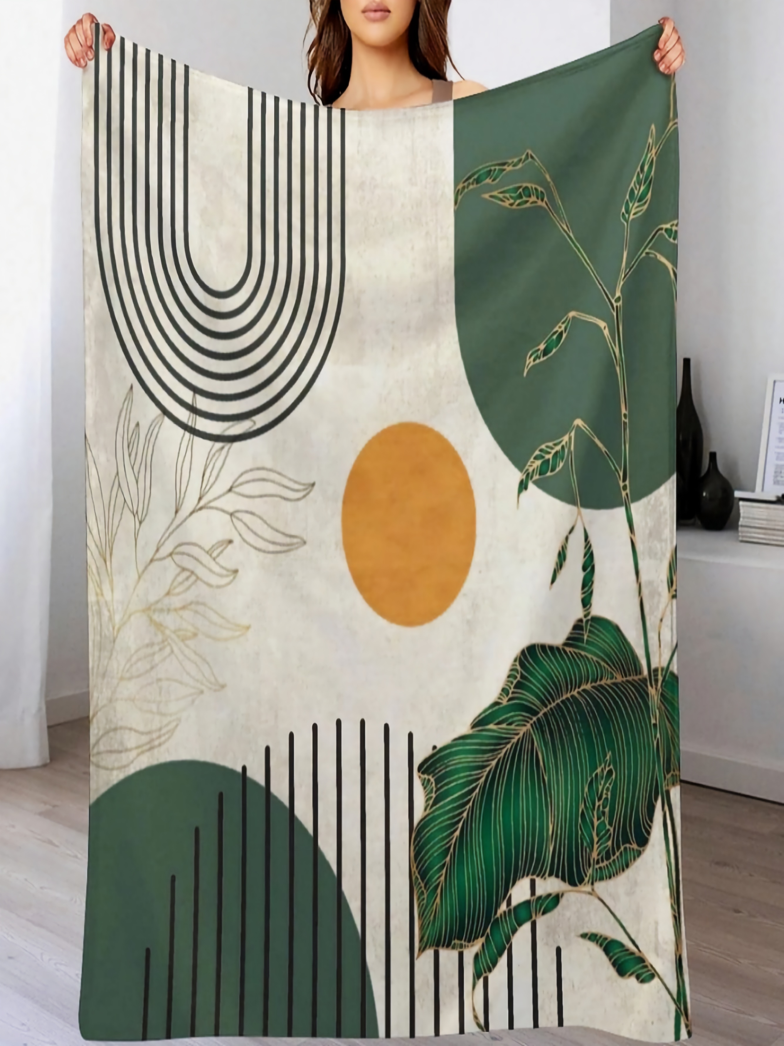 Boho Green Botanical and Geometric Flannel Blanket - 60x80 inch