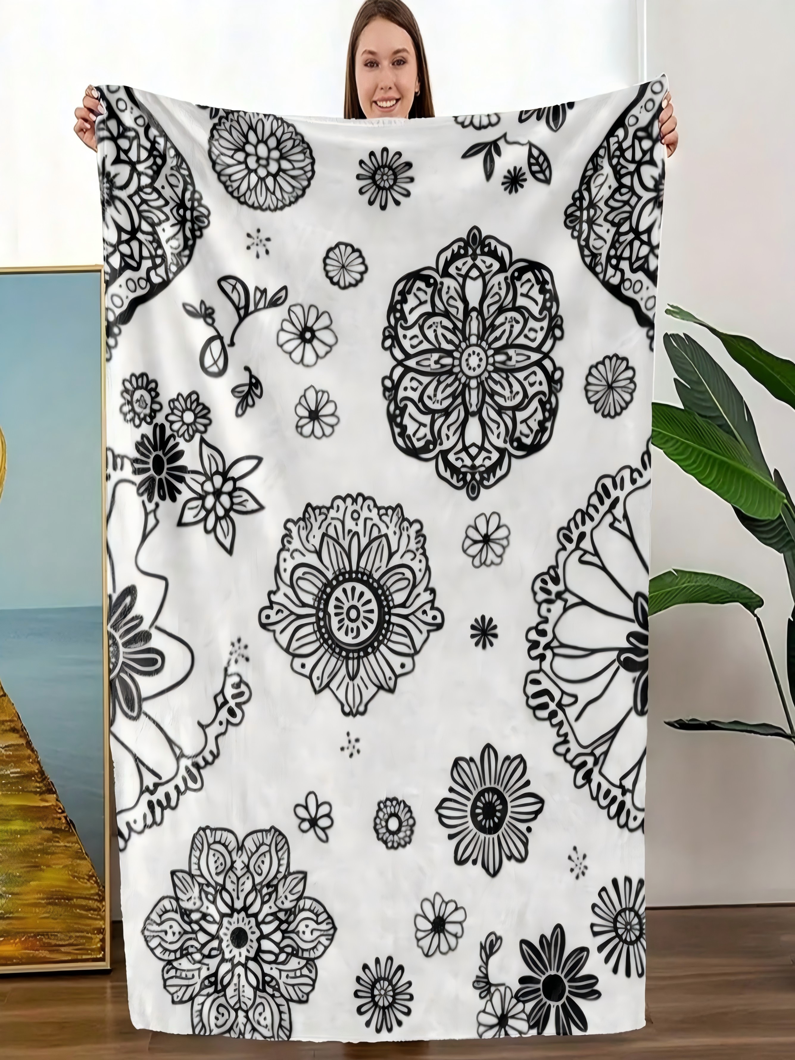 Mandala Floral Print Soft Flannel Blanket (Black and White, 30x40 inch)