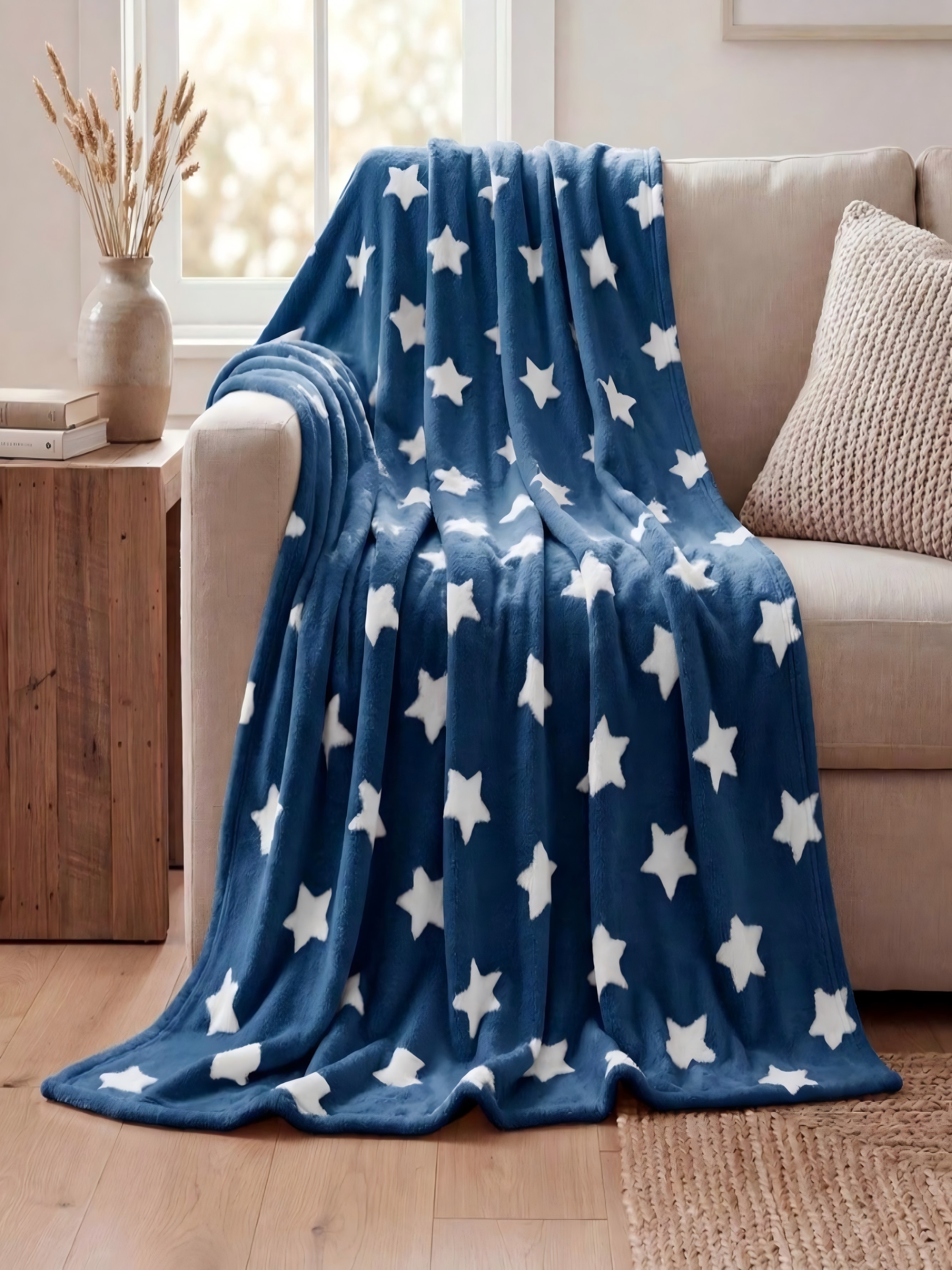 Cozy Blue Star Print Flannel Blanket (30x40) - Polyester Throw