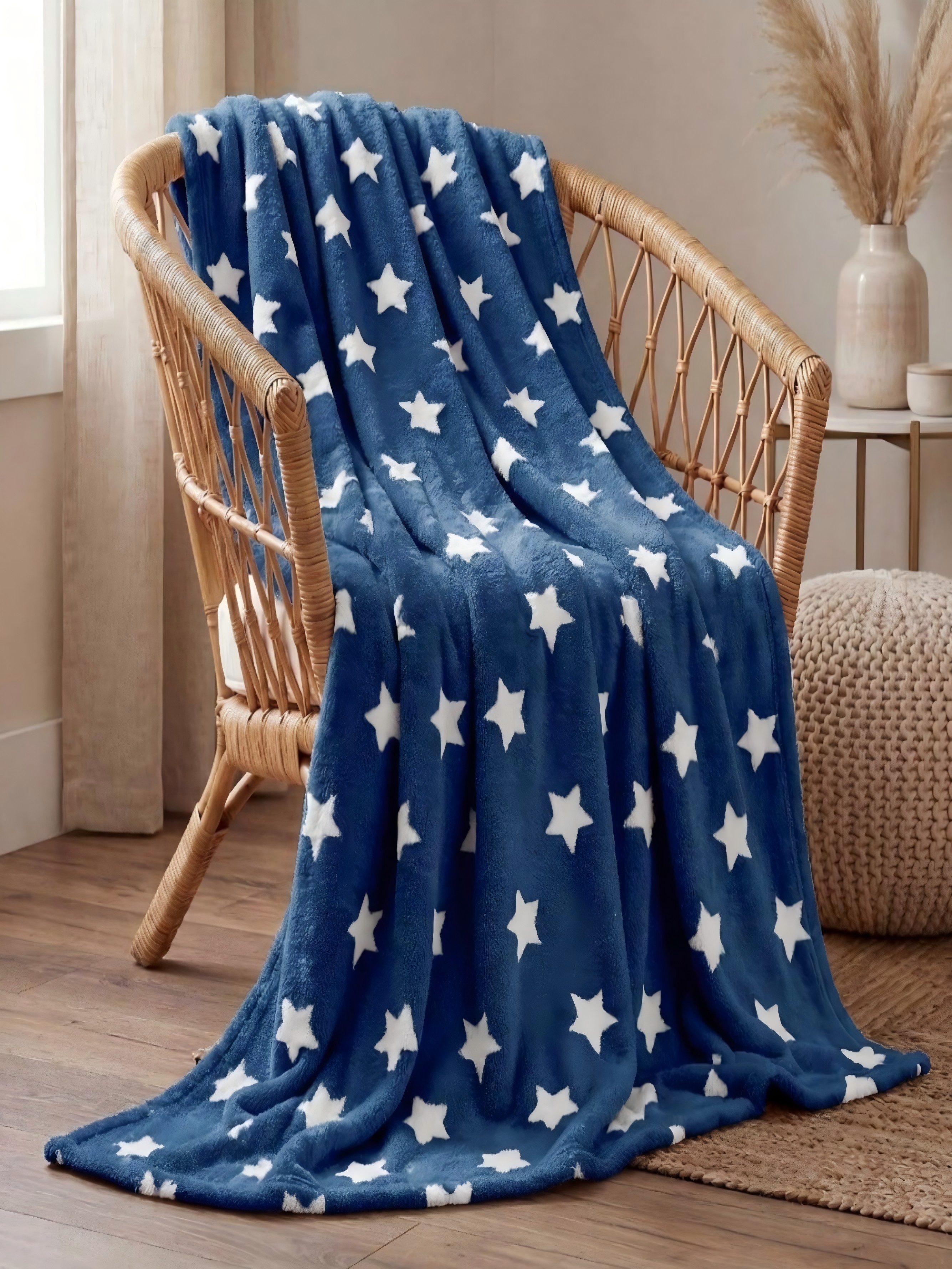 Cozy Blue Star Print Flannel Blanket (30x40) - Polyester Throw