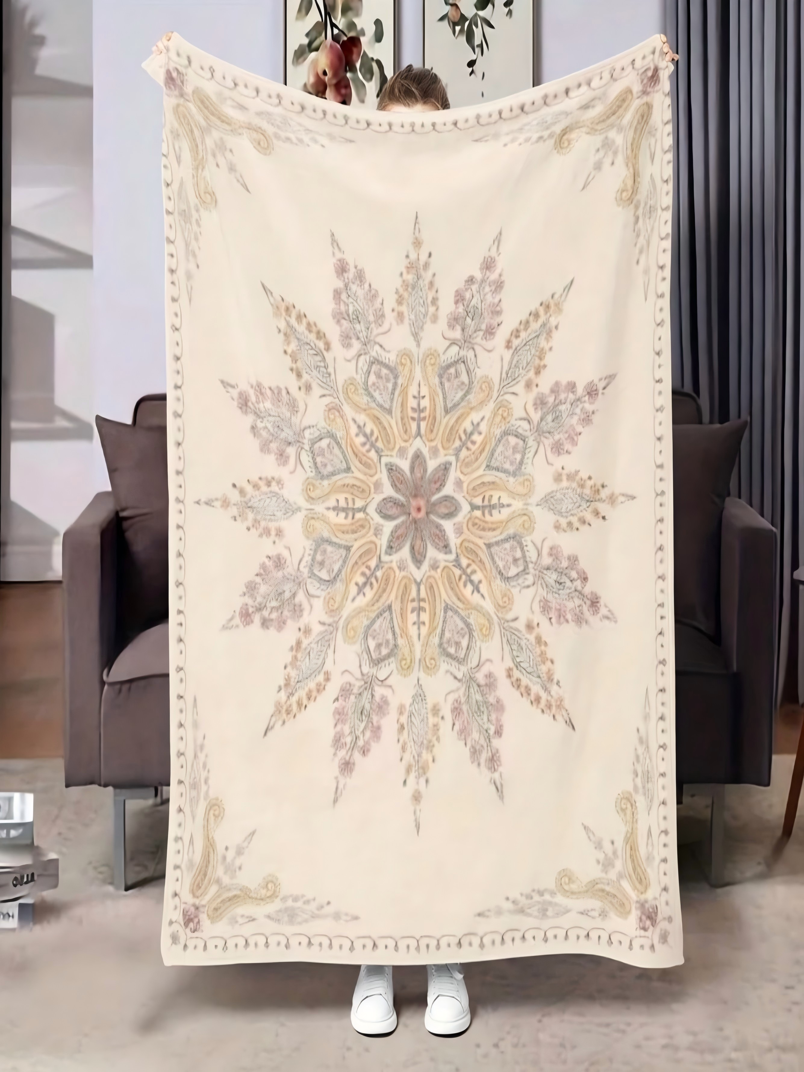 Vintage Beige Mandala Paisley Flannel Blanket, 50X60 Inch